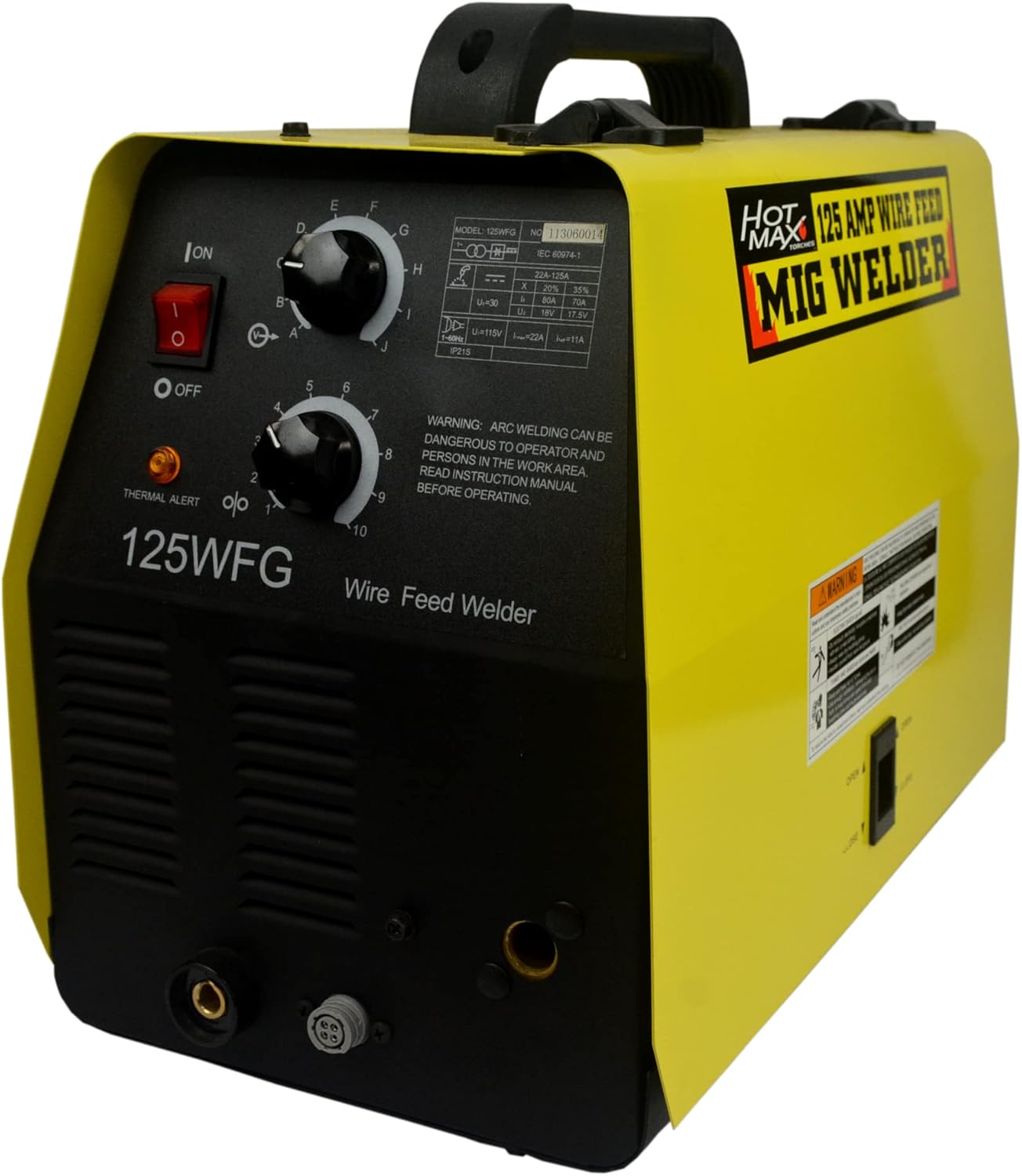Front panel of the Hot Max 125WFG MIG Welder showing the power switch, voltage control knob, and wire feed speed control knob.