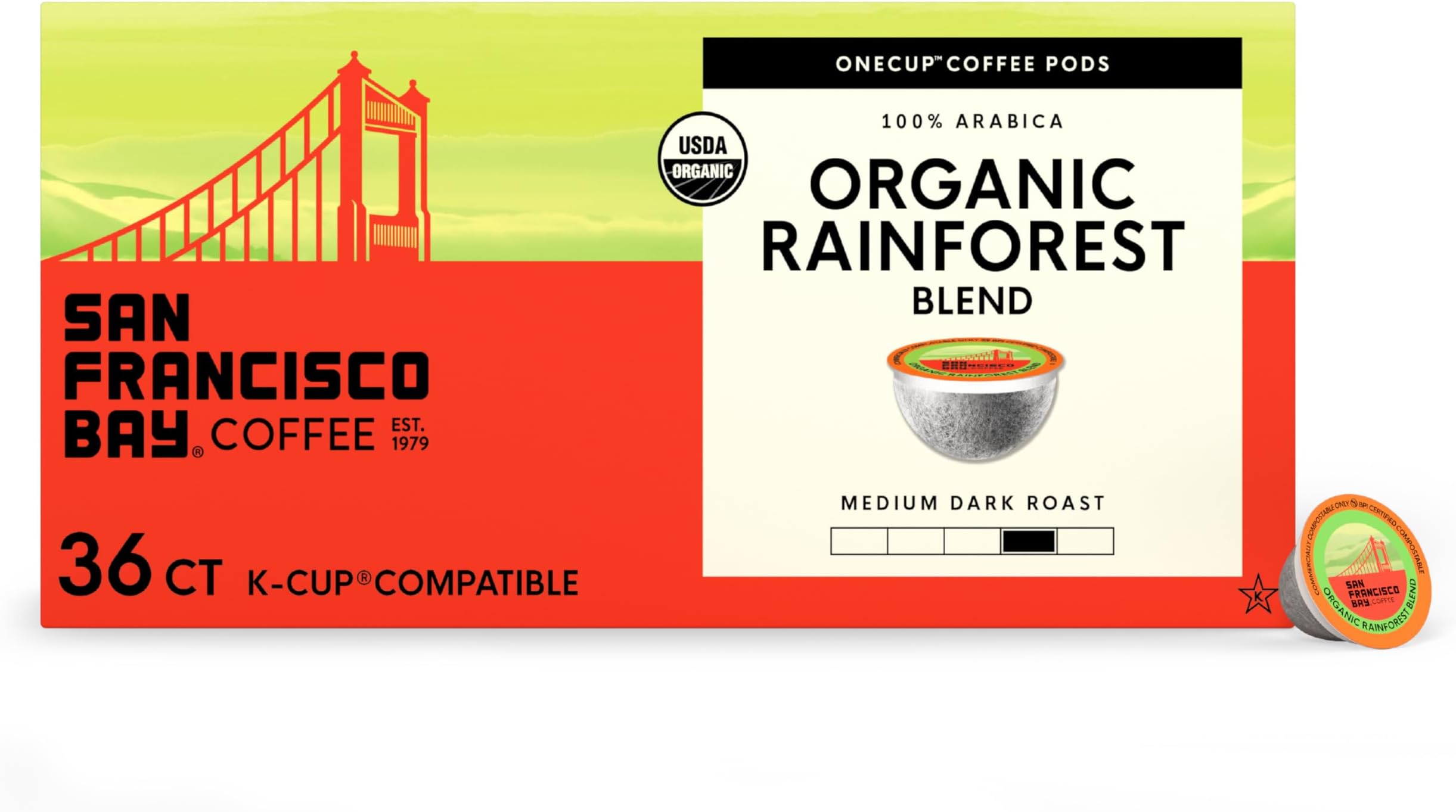 San Francisco Bay K-Cup Coffee Pods, Organic Rainforest Blend (36 ct), Medium-Dark Roast, Commercially Compostable USDA Organic Single-Serve Coffee Pods