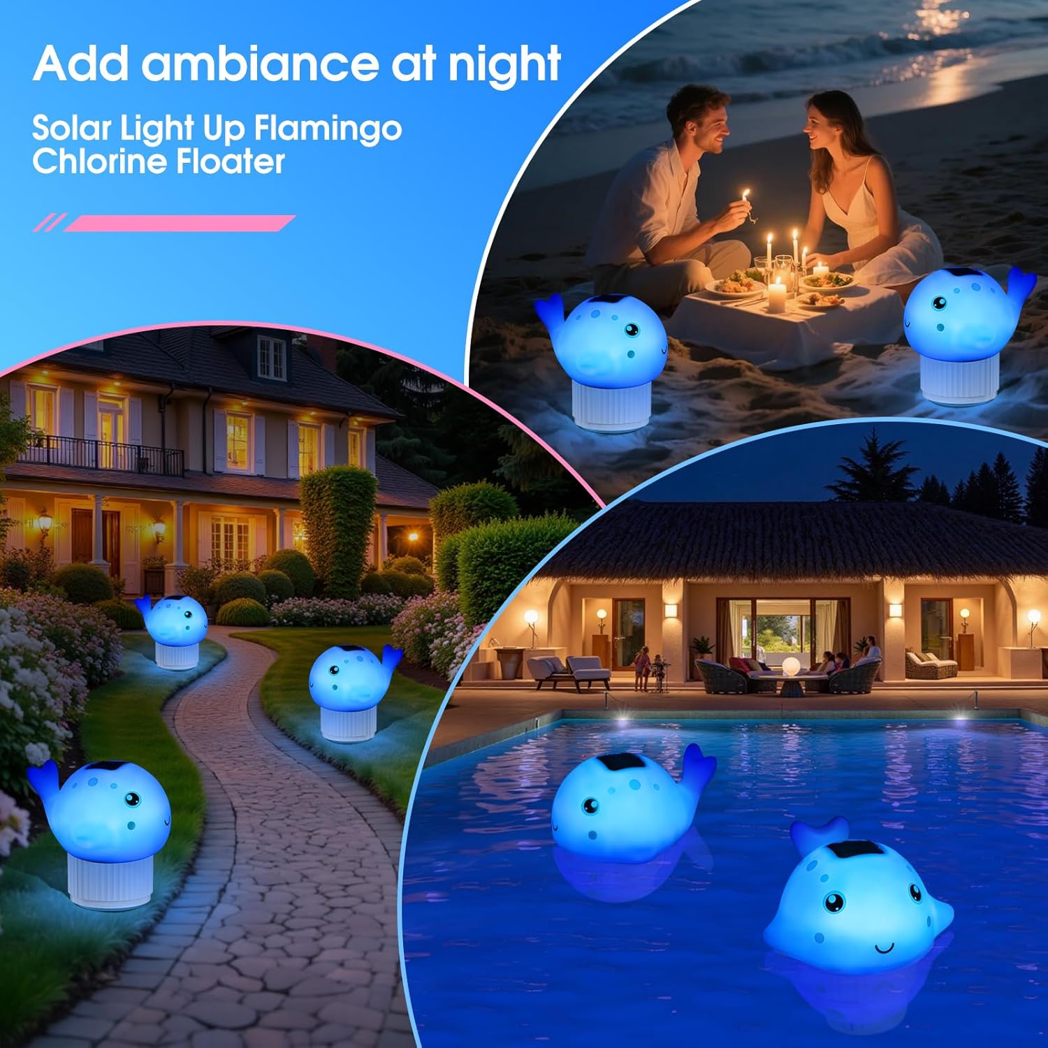 Blufree Pool Chlorine Floater, Solar Chlorine Tablet Floater w/Adjustable Release, Glow in The Dark Large Capacity Whale Floating Chlorines Dispenser for Pool Hot Tub Spa Fits 3 Inch Tabs