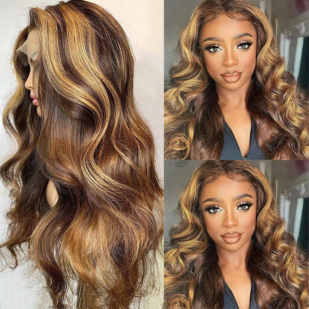 Hedy 28 Inch Ombre Highlight 4/27 Lace Front Human Hair Wigs Pre Plucked with Natural Hairline Glueless 4x4 HD Transparent Lace Closure Human Hair Highlight Wigs for Women 150% Density