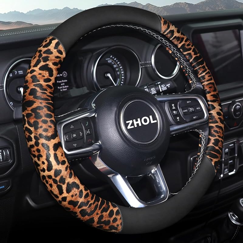 Capa para Volante ZHOL com Estampa de Leopardo Preto, Couro Respirável, 36,8–38,1 cm, Leopard Brown