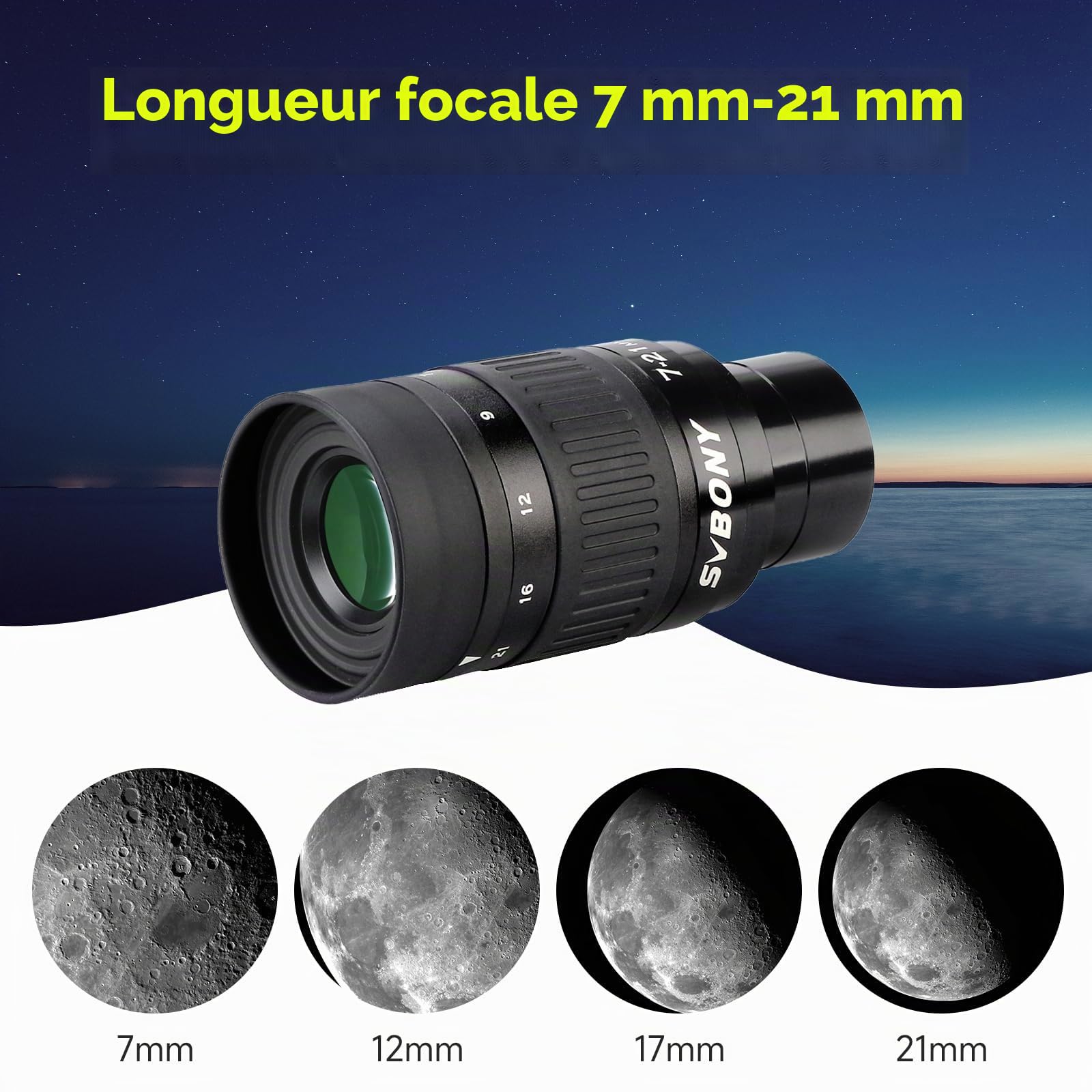 Svbony SV135 Oculaire Télescope, 7-21 mm 1,25'' Oculaire Zoom, 6 Eléments 4 Groupes, FMC, 57°-40° Champ de Vision, Accessoire pour Télescope, pour Lune Planètes, Observation Astronomique Visuelle