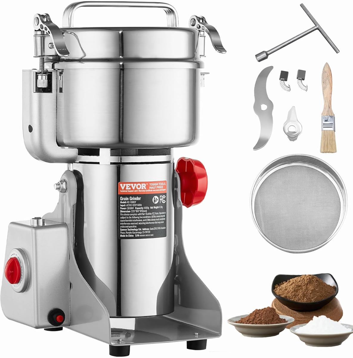 VEVOR 1000g Electric Grain Mill Grinder, High Speed 3000W Commercial Spice Grinders, Stainless Steel Pulverizer Powder Machine, for Dry Grains Spices Cereals Coffee Corn Pepper, Swing Type