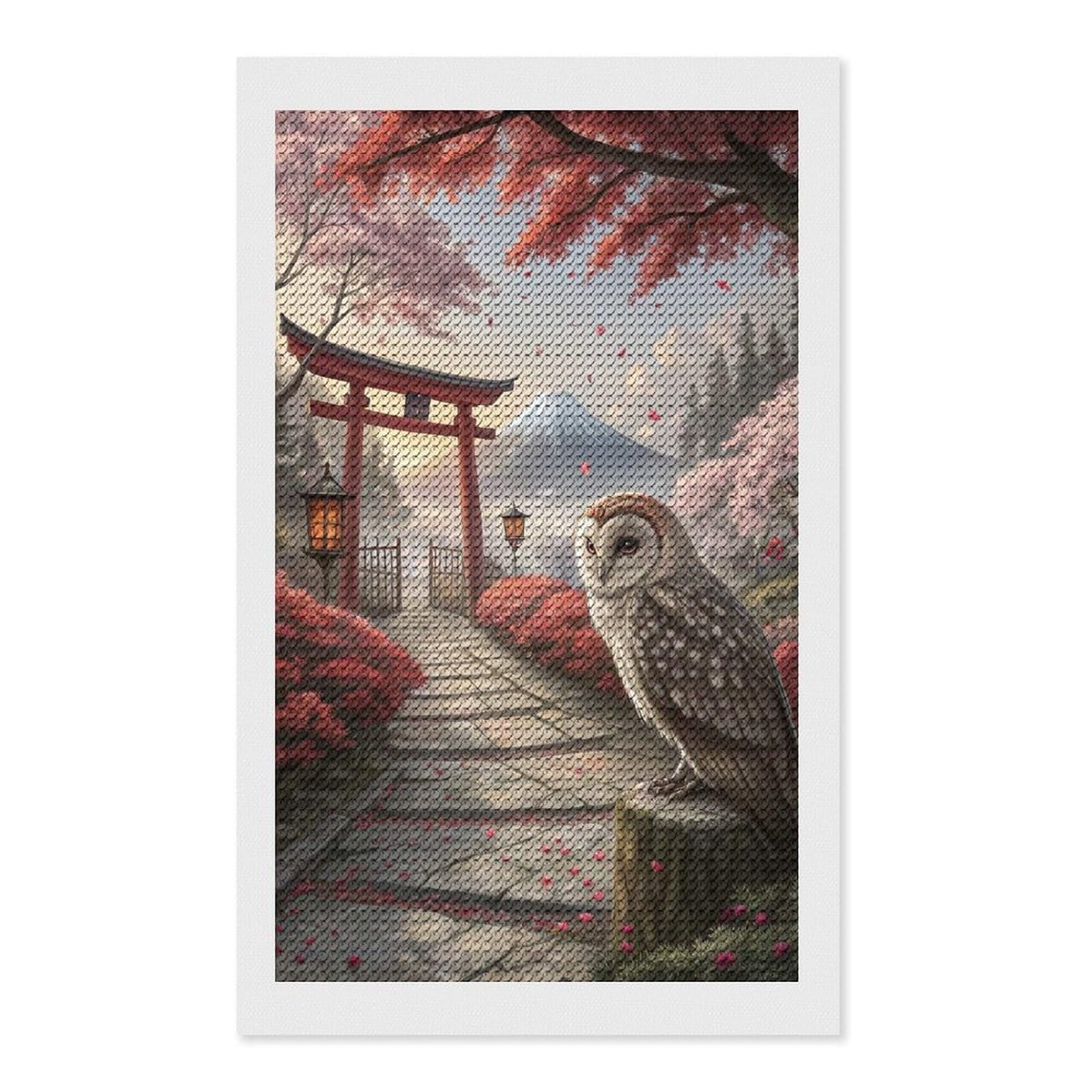 Junmoney Owl in Japanese Garden with Mt. Fuji Diamond Painting Canvas Set 12"x20", Satisfying Creative Project, Easy to Follow Symbols, Fun Craft Experience