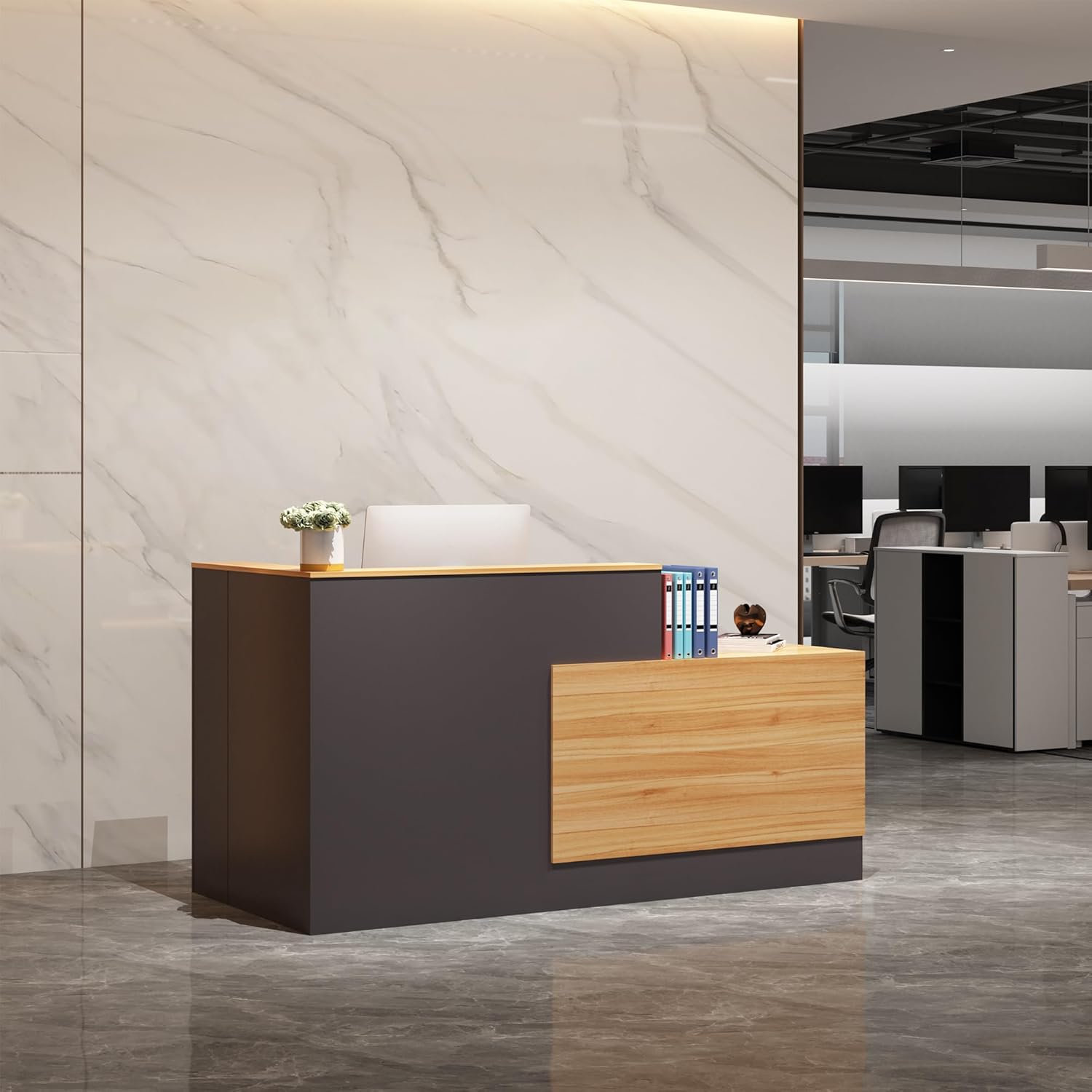 L-Shaped Reception Desk,Large Front Desk with Keyboard Tray, Lockable Drawers & File Cabinet, Receptionist Desk for Checkout,Lobby (Right L-Natural Wood/Slate Gray, 71''L x 23.6''W x 41.3''H)