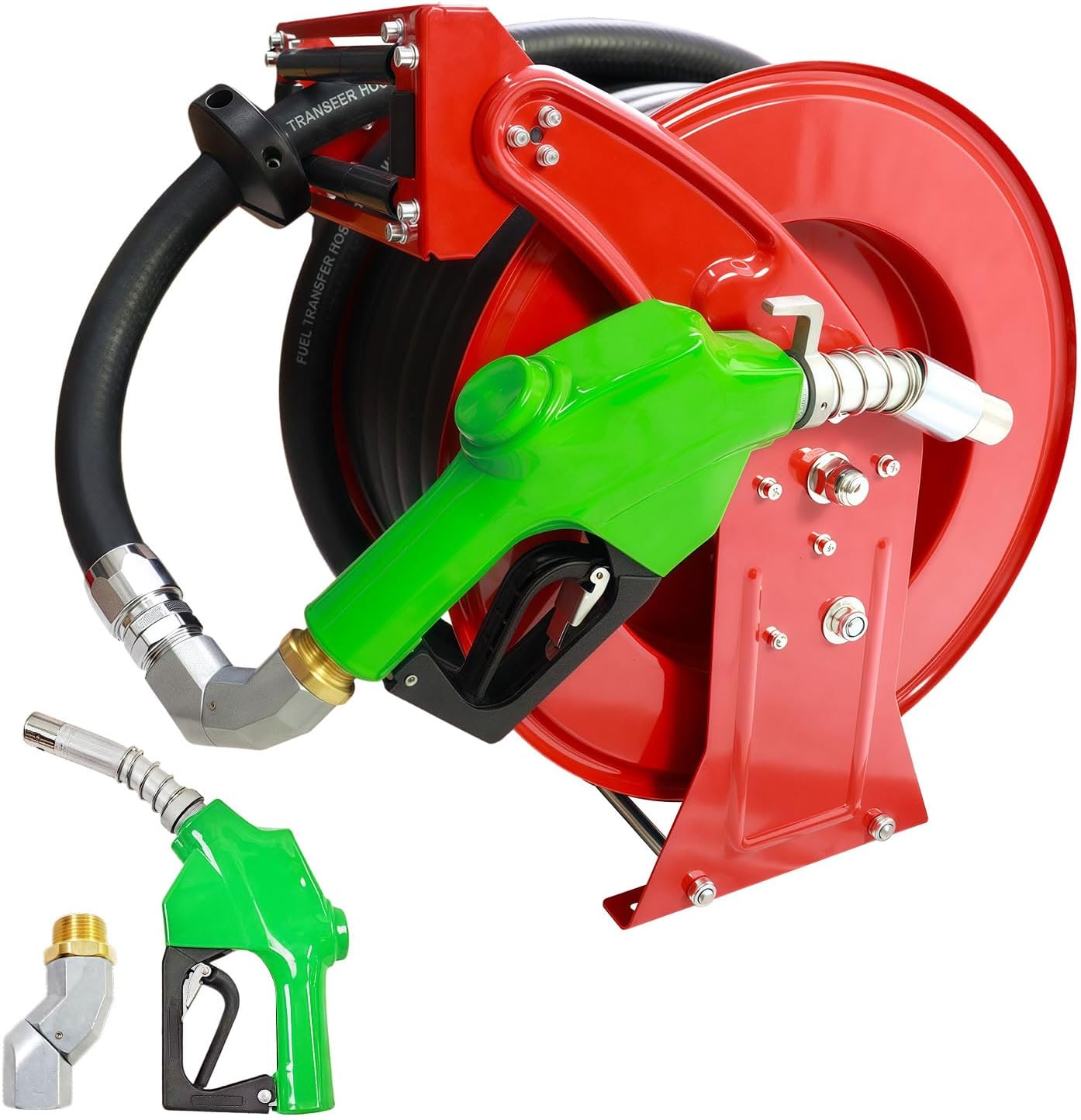 Fuel Hose Reel,Ratchet Spring-Driven Retractable 1"x 50' Diesel Hose Reel W/Swivel, AUTO Fuel Nozzle,SS Eblow Barb Fitting,300 PSI,1"NPT Inlet,1" Outlet Heavy Duty Steel Construction