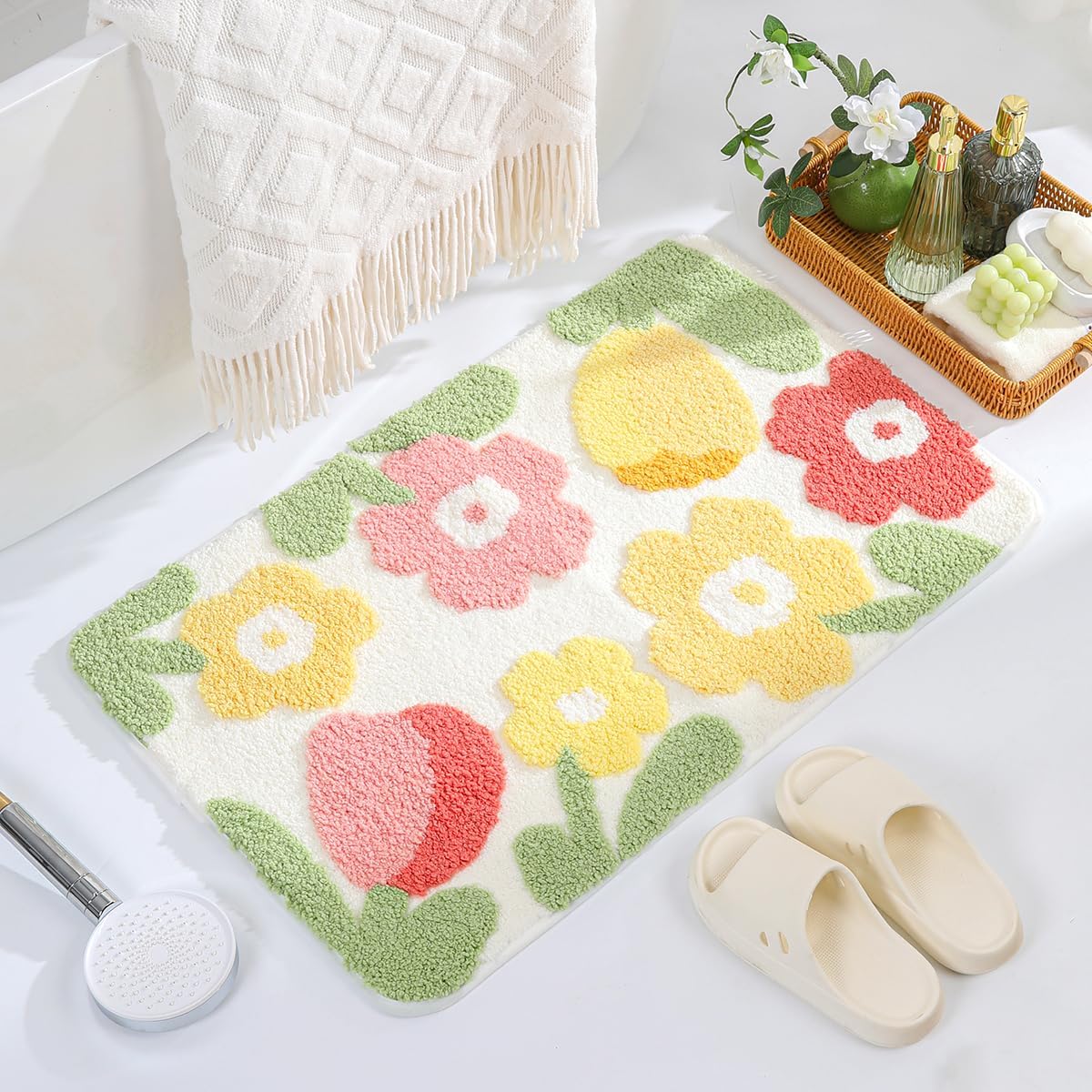 Floral Bathroom Mat Super Absorbent Cute Rug Non Slip Carpet Machine Washable Bath Tub Rug Soft Fluffy Carpet for Dining Room, Bedroom and Entrance Door (31"x20", Green Flowers)