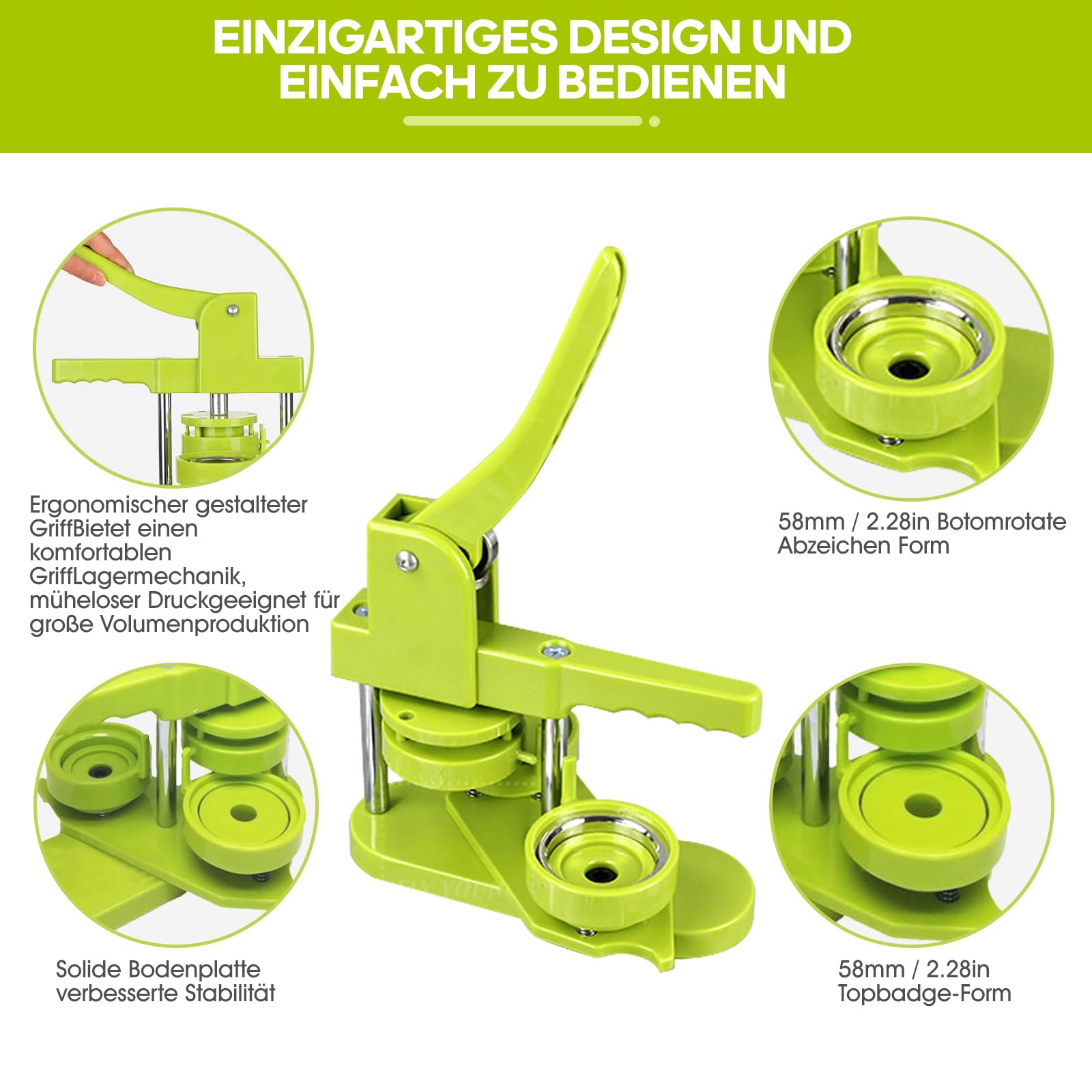 Buttonmaschine 58 mm (3. Generation) – Installationsfreie Buttonpresse für DIY-Ansteckbuttons, Stanzmaschine mit 100 Button-Rohlingen, Motiven & Kreisstanzer