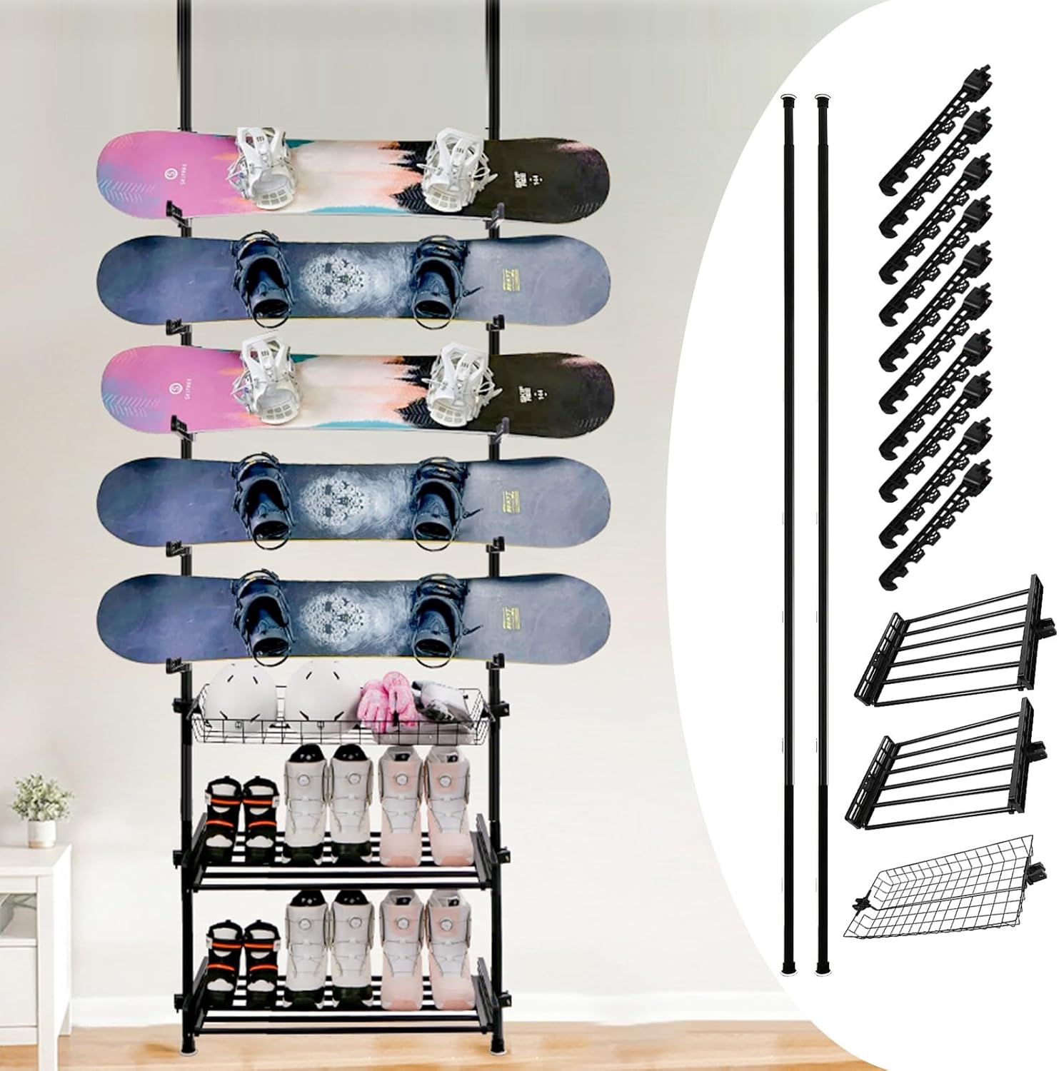 Helmet/Goggles/Ski Rack w/Adjustable Shelves, 3.6ft - 10.2ft Telescopic Snowboard Storage, Large Capacity Surfboard Organizer Shelf(Style E)