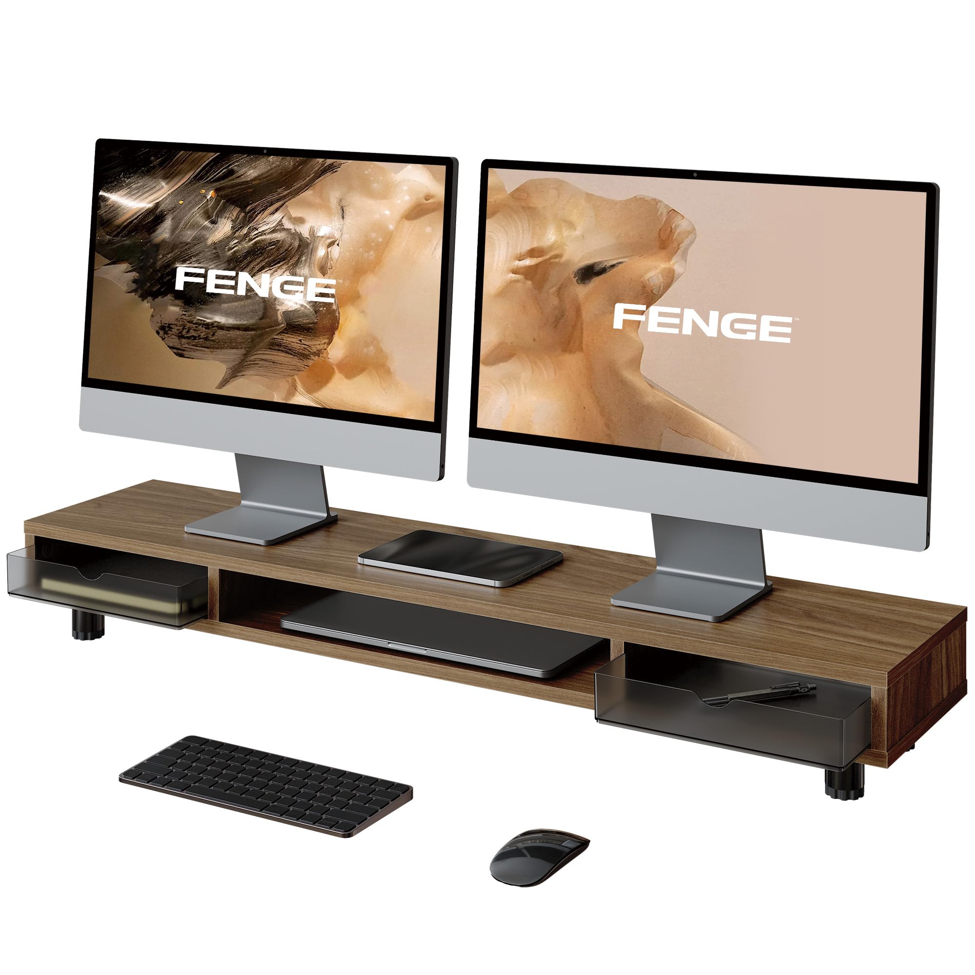Fenge Support de Moniteur,Haut Réglable,2 PC Tiroirs,108cm,Marron