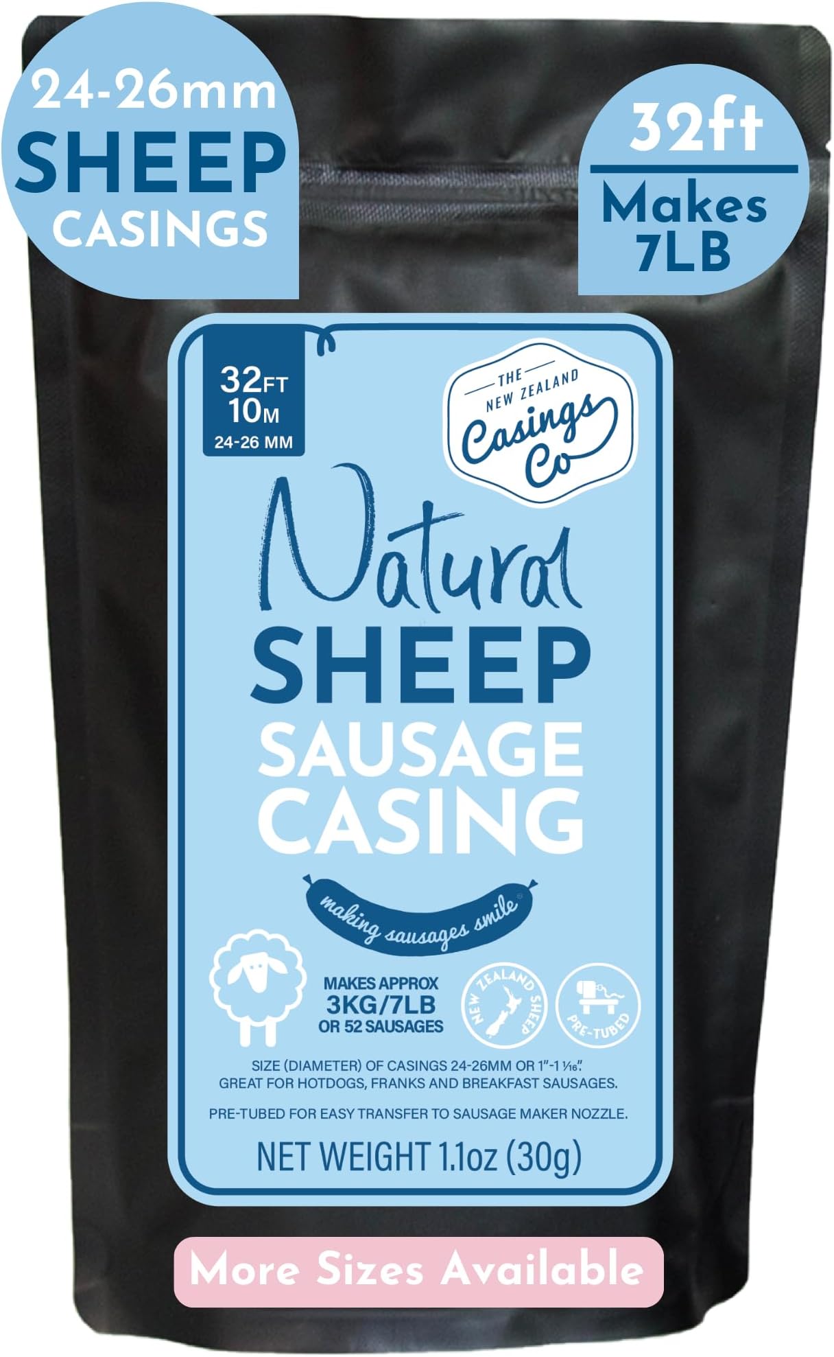 Natural SHEEP Casings for Sausage Making, 24-26mm, Great Hot Dog Casing or Sausage Casing for Merguez & Breakfast Sausage, Pre-Tubed, Edible, A Grade, Halal, from New Zealand, 32” makes 7lb Sausages