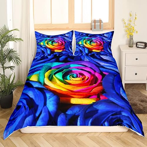 Miniatura 2 de Feelyou Juego de funda de edredón con diseño de rosas de arco iris, juego de ropa de cama de flores coloridas para niñas y mujeres, funda de edredón