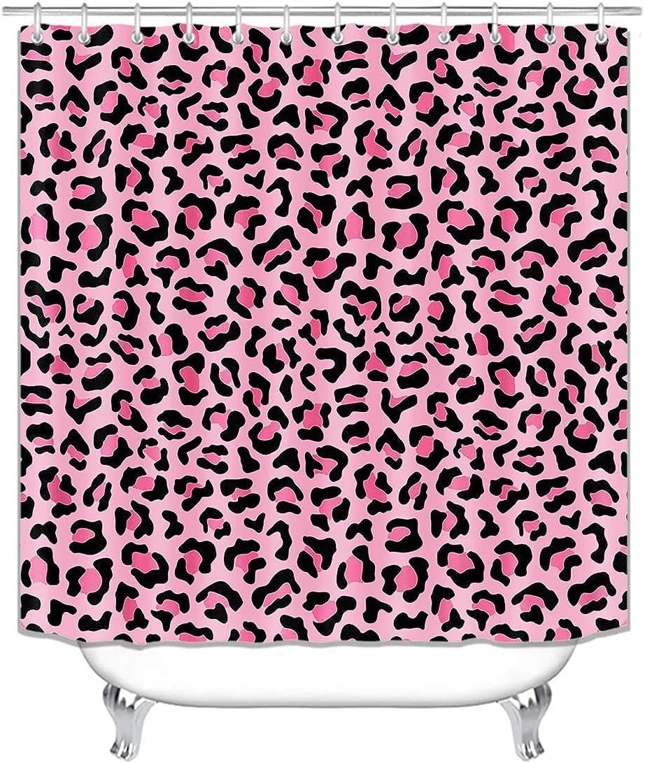 jieprom 4PCS Pink Leopard Print Shower Curtain Set with Rugs, Toilet Lid Cover and Bath Mat, Shower Curtain with 12 Hooks, Durable Shower Curtain for Bathroom Set