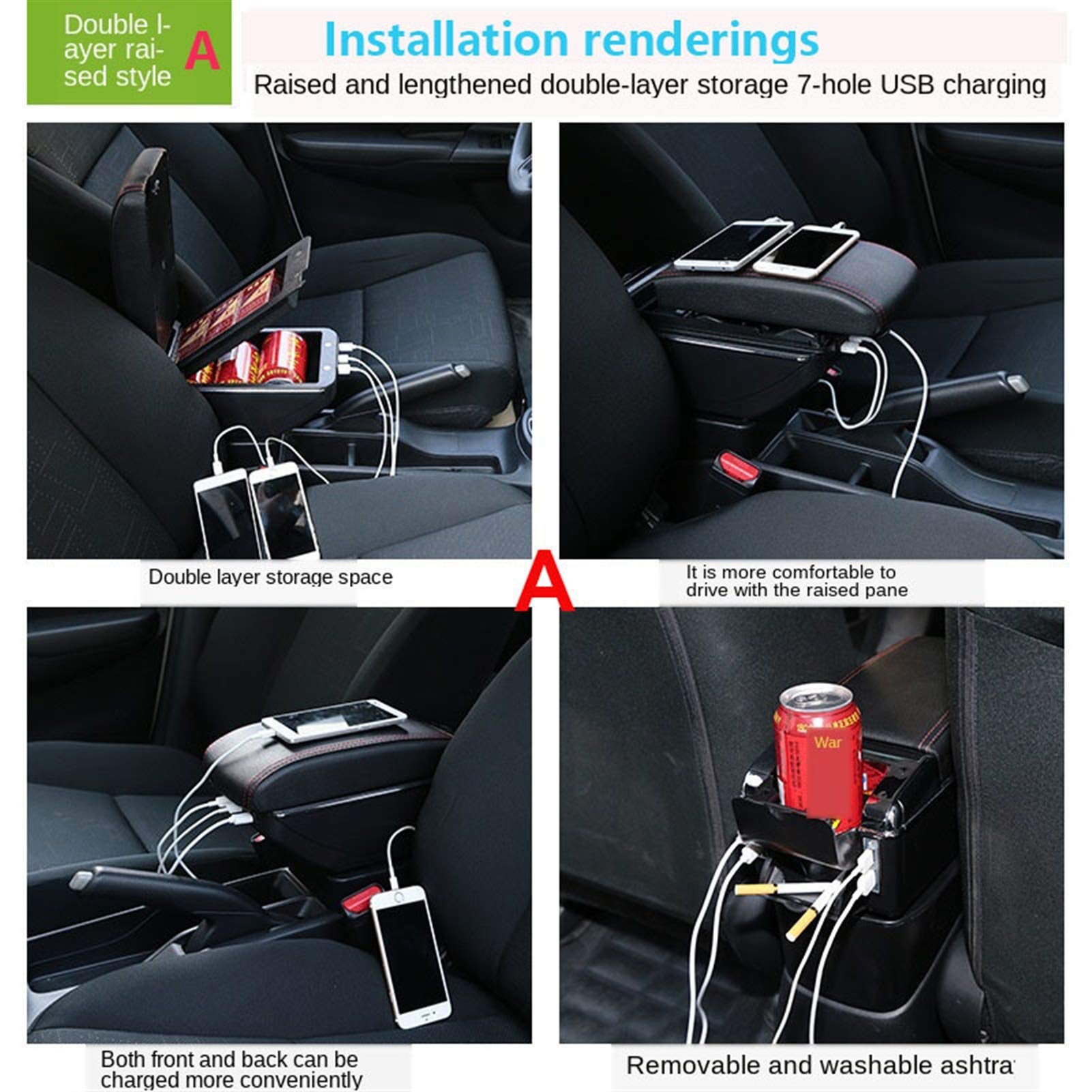 Bracciolo Centrale In Pelle Nera Per Peugeot Partner Tepee – Doppio Scomparto, Portabicchieri E USB - 6