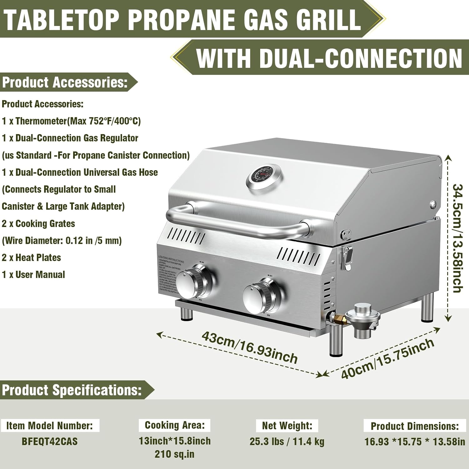 Bestfire Tabletop Gas Grill 2 Burners- Dual Connections, 20,000 BTUs Stainless Steel Portable Grill Fits Large Gas Cylinders and Small Canisters for Outdoor Camping and RV Trips
