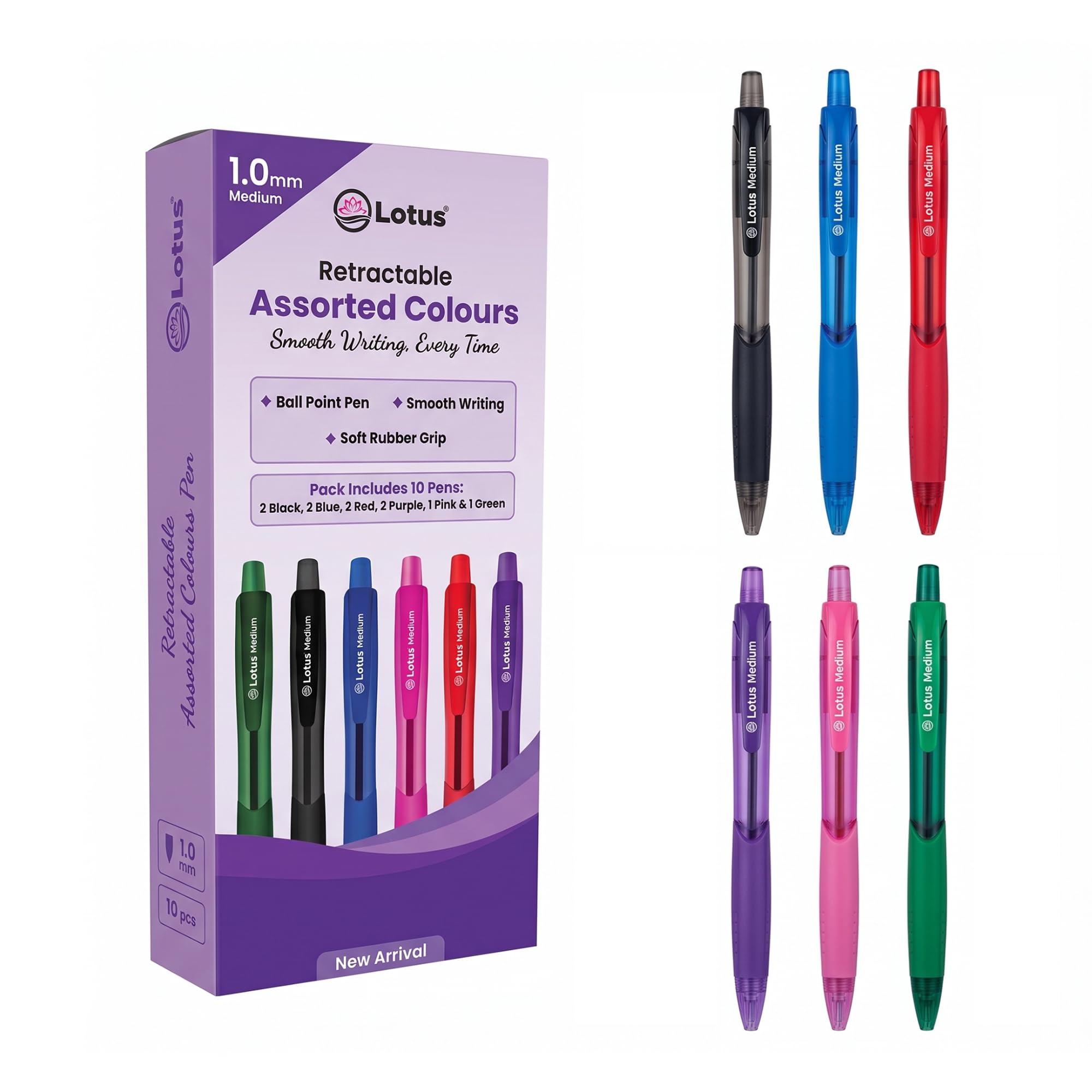 Lotus Coloured Pens Pack of 10, Assorted Retractable Ballpoint Pens with Soft Grip, 1.0mm Medium Tip, Click Multicolour Ink Pens for School, Office & Everyday Use