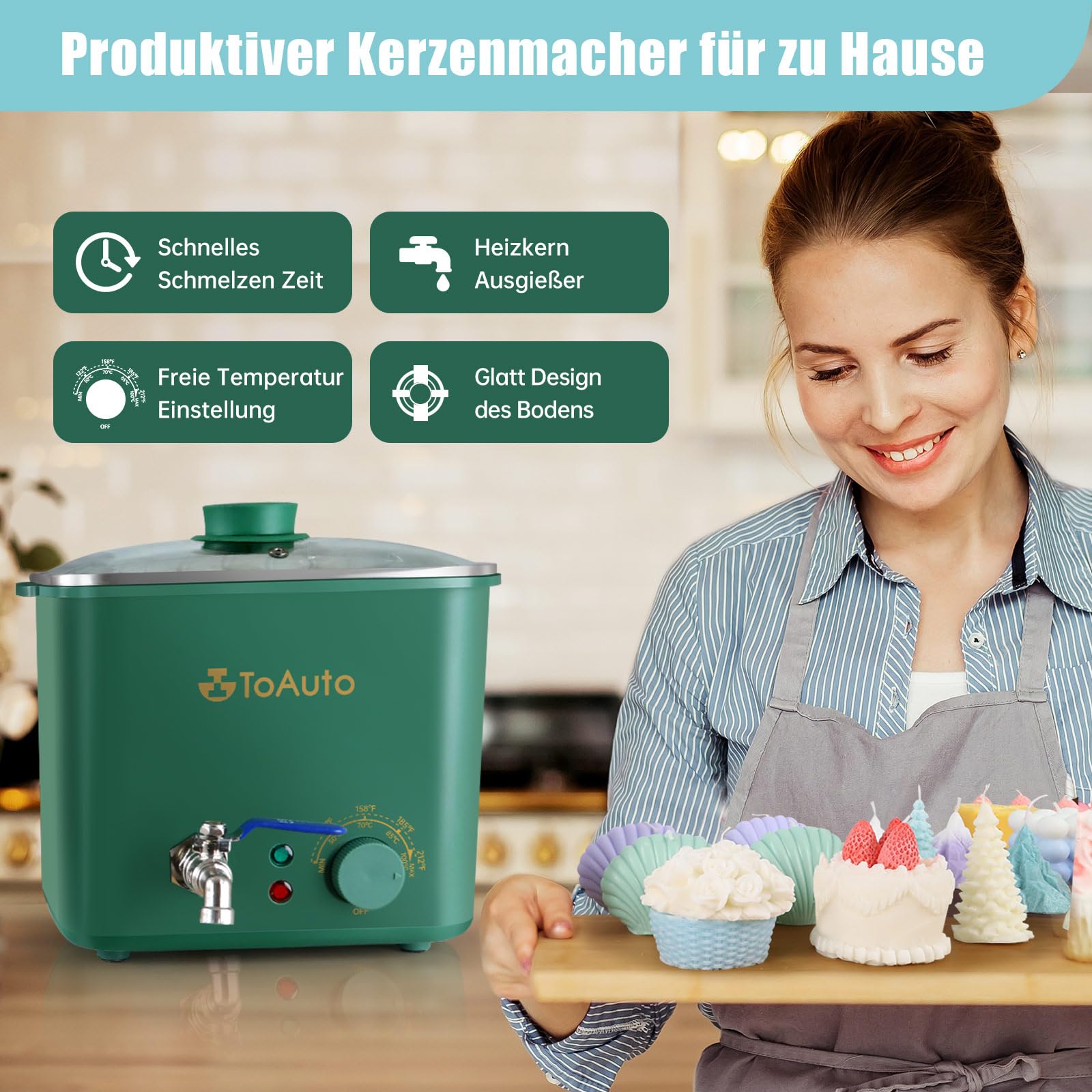 TOAUTO 4Qts Fondatore di cera verde – Vaso elettrico con valvola rapida per cera e controllo della temperatura per produttore di candele principianti AC 230 V