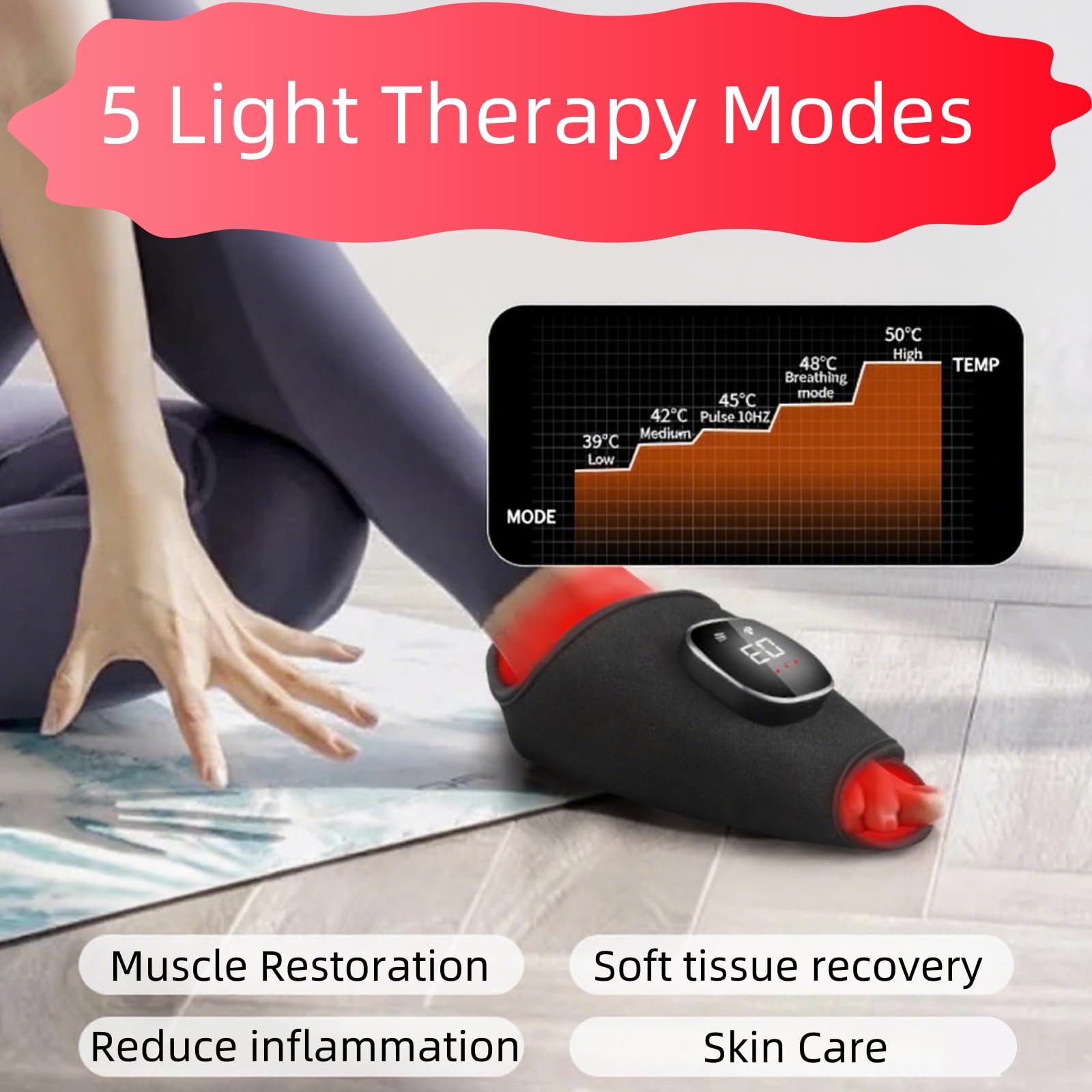 Ceinture de luminothérapie rouge sans fil Warmforwel pour pieds, mollets, genoux et bras, double longueur d'onde 660 nm et 850 nm, 64 LED, écran tactile, 5 modes, rechargeable par USB-C, sangle réglab