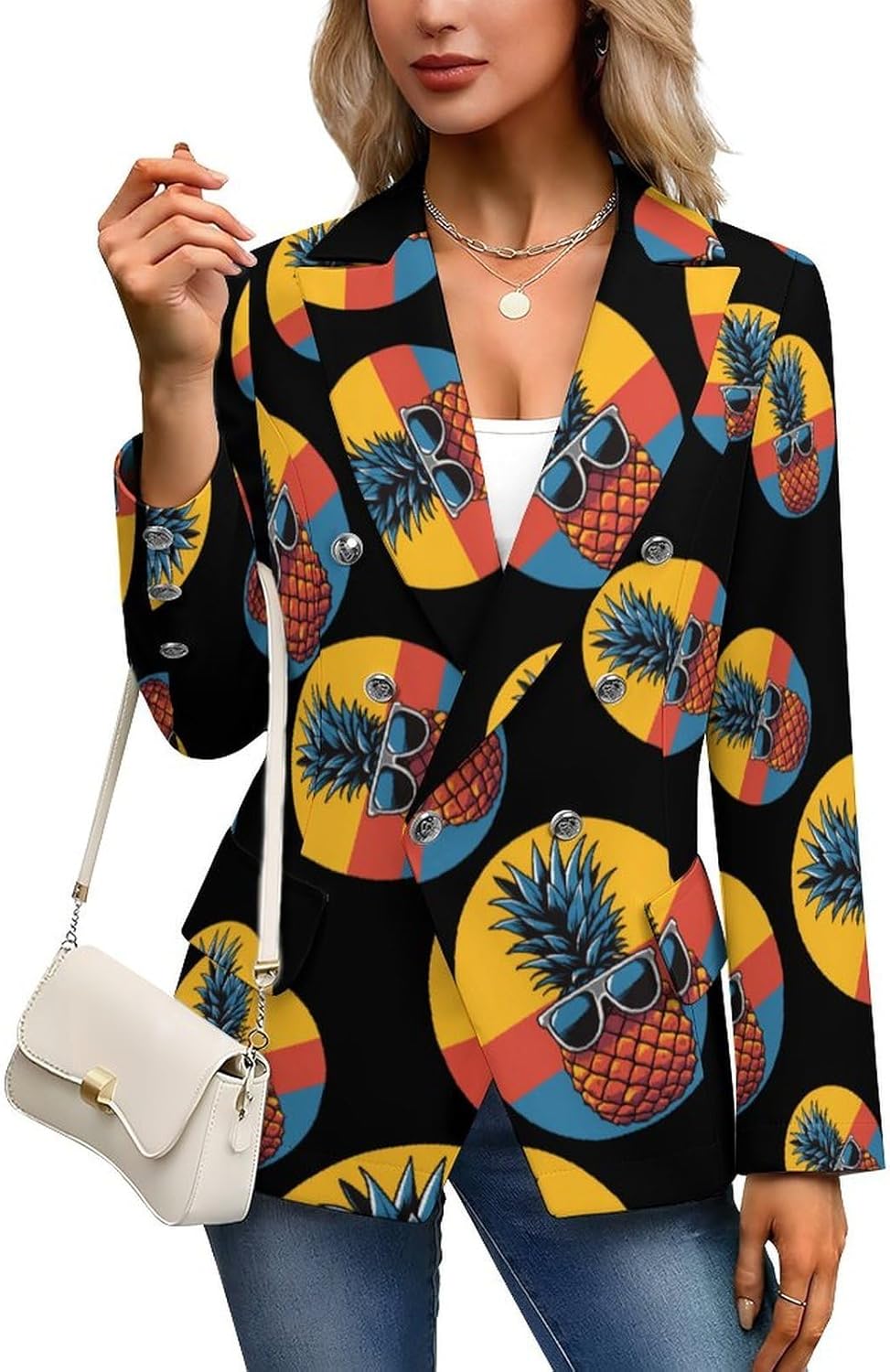 Vintage Pineapple Women's Blazer Long Sleeve Suits Business Casual Blazers Jackets Lapel Open Front Suit