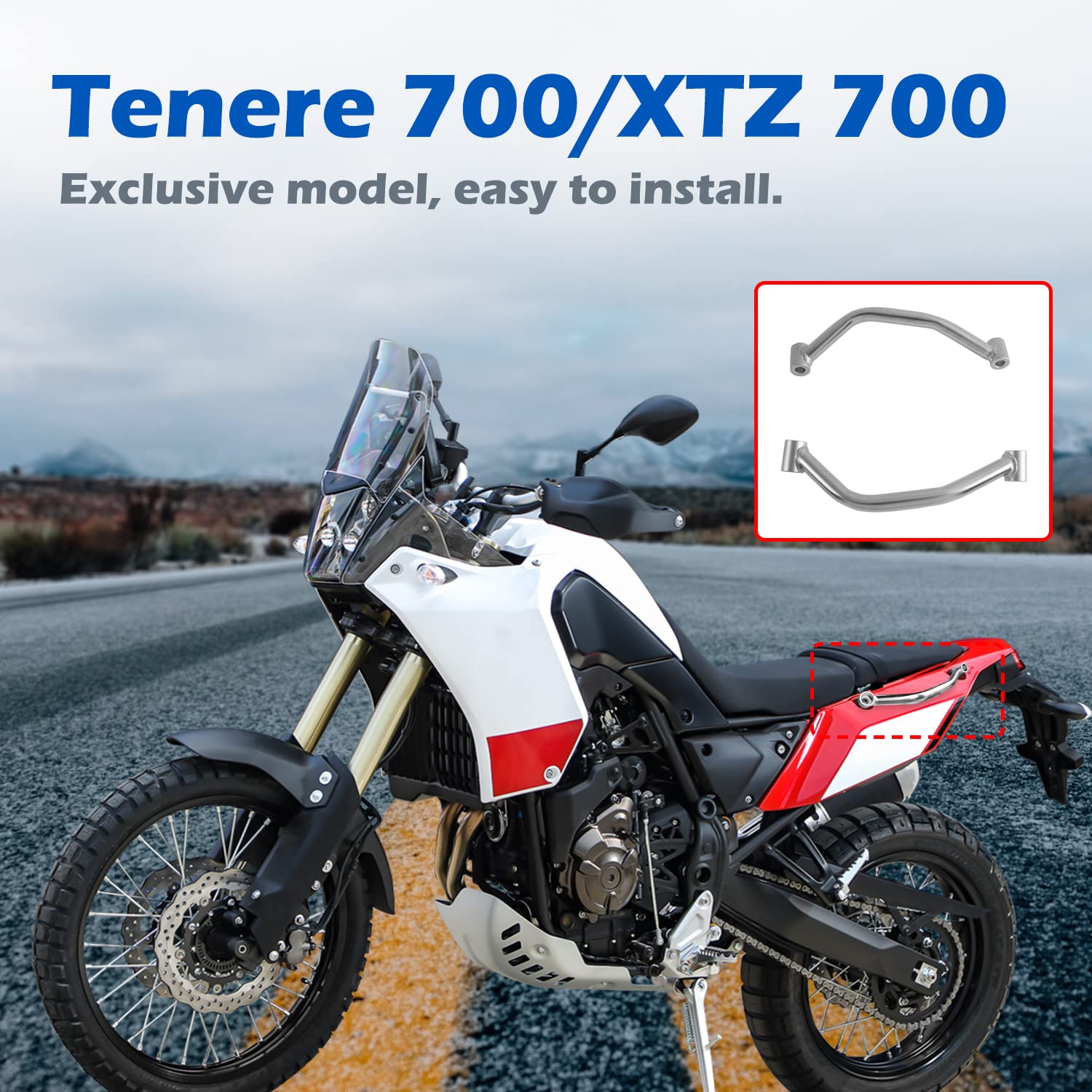 Motorrad Stahl Beifahrergriffe für TENERE 700 XTZ700 XTZ 700 2019 2020 2021 2022 2023 2024, Hintersitz Haltegriff Seitenhandlauf Hinten Sitz Griff Griffstange Kit, Chrom