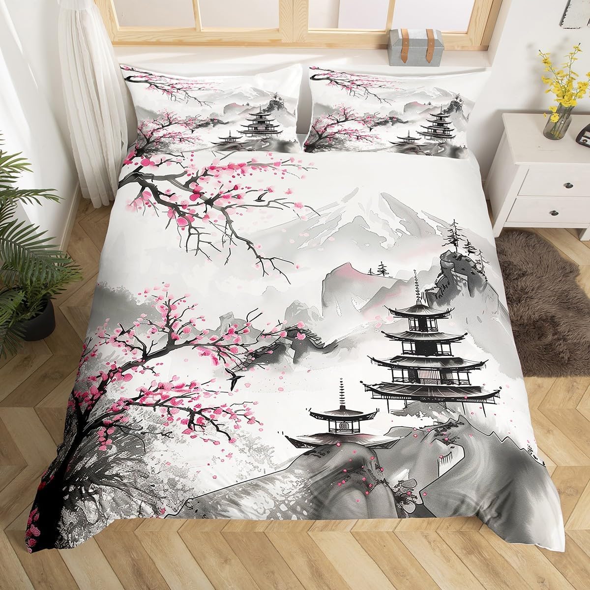 Funda Nordica Cama 105 Juvenil Flores de Cerezo Japonesas Funda Edredon 200x200 Paisaje Arquitectónico 3D Fundas de Edredón Microfibra Ropa de Cama de 3 Piezas con 2 Fundas de Almohada K-1531
