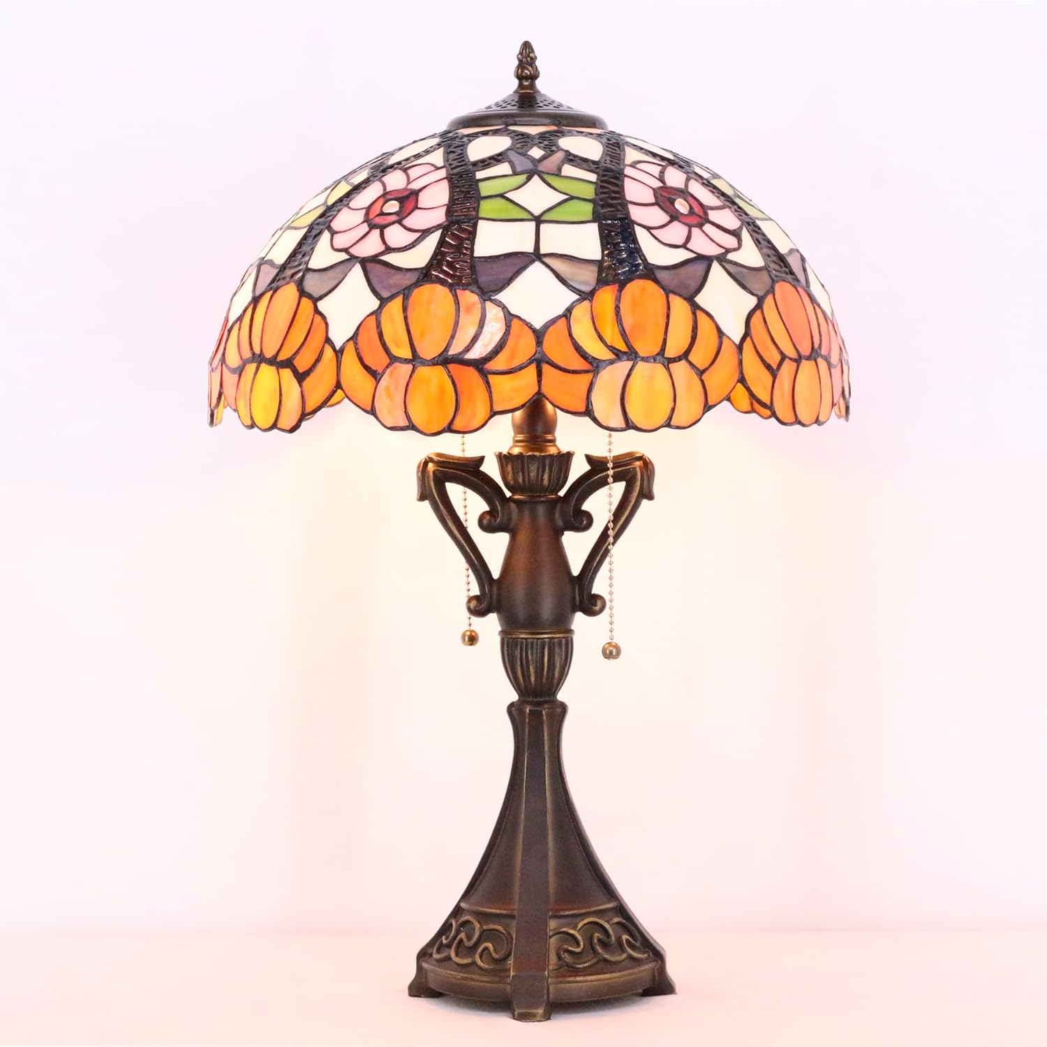 Tiffany Table Lamp 24 Inch High Antique Stained Glass Orange Flower Desk Reading Light Wide 16 Inch for Bedroom Living Room Home Office