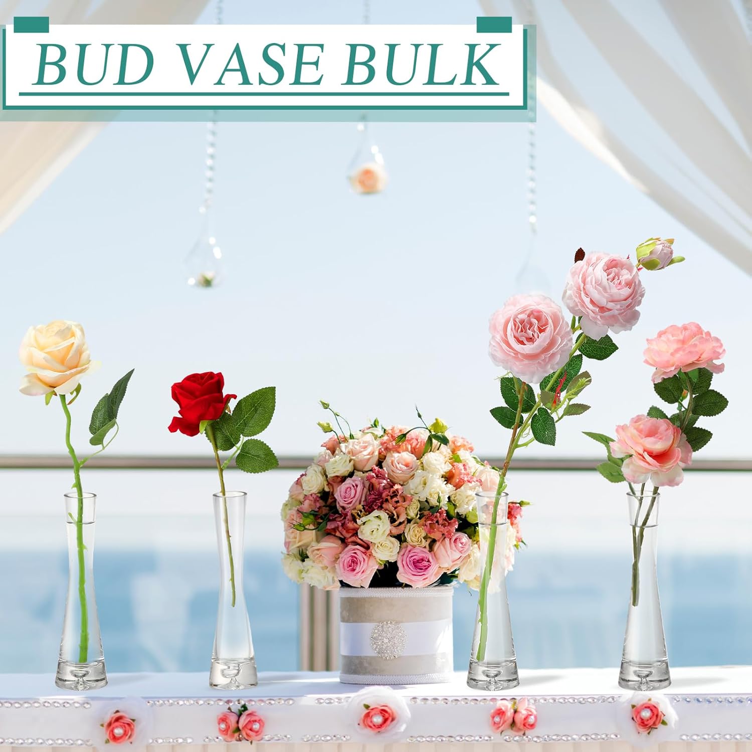 Sliner 6 Pcs Tall Glass Bud Vase for Centerpieces Clear Maria Bud Vase Small Single Flower Vase Rose Skinny Decorative Cylinder Vases for Wedding Party Home Table Decorations(7.87'' H)