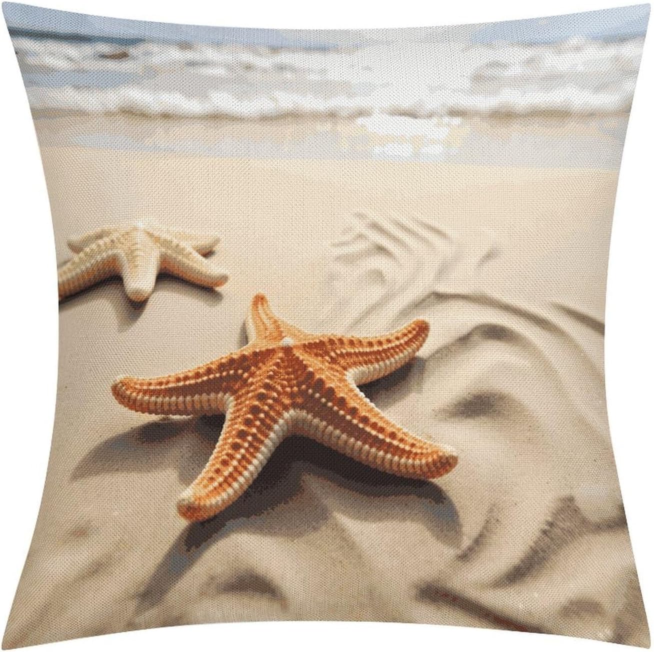 Starfish on The Sand Beach Landscape Pillow Protectors Cute Waterproof Pillow Cover Soft Skin-Friendly Cushion Case Decorative Square Cushion Cover for Couch Sofa Bed Living Room Bedroom