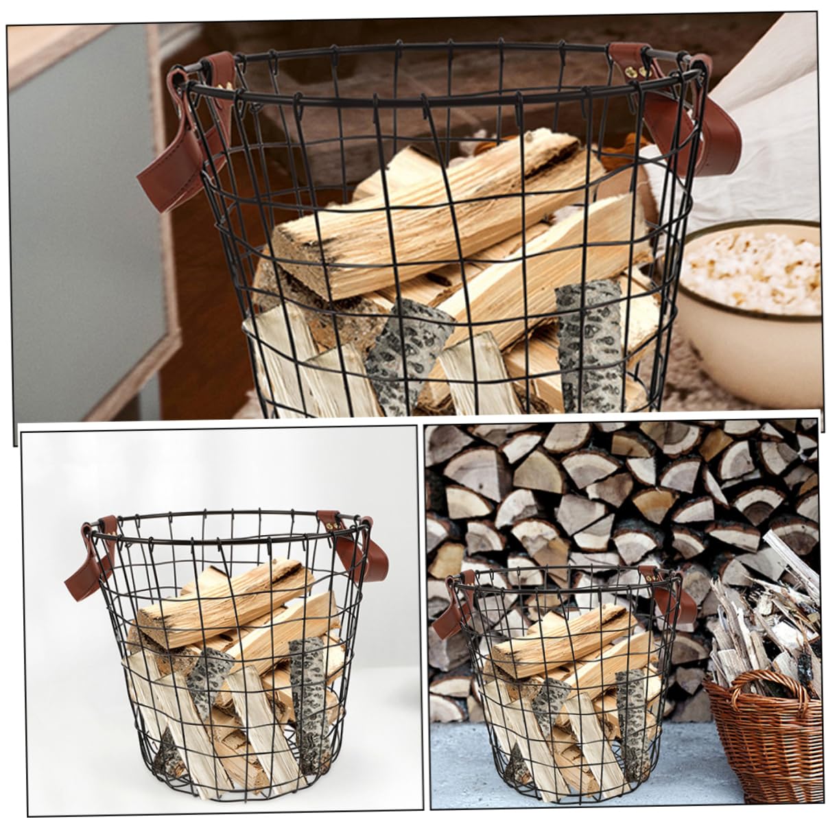 Cesto Portalegna Rotondo in Ferro con Manico Stile Rustico | Ampia Capienza, Uso in Cucina e Ambienti Domestici, Design Farmhouse Decorativo