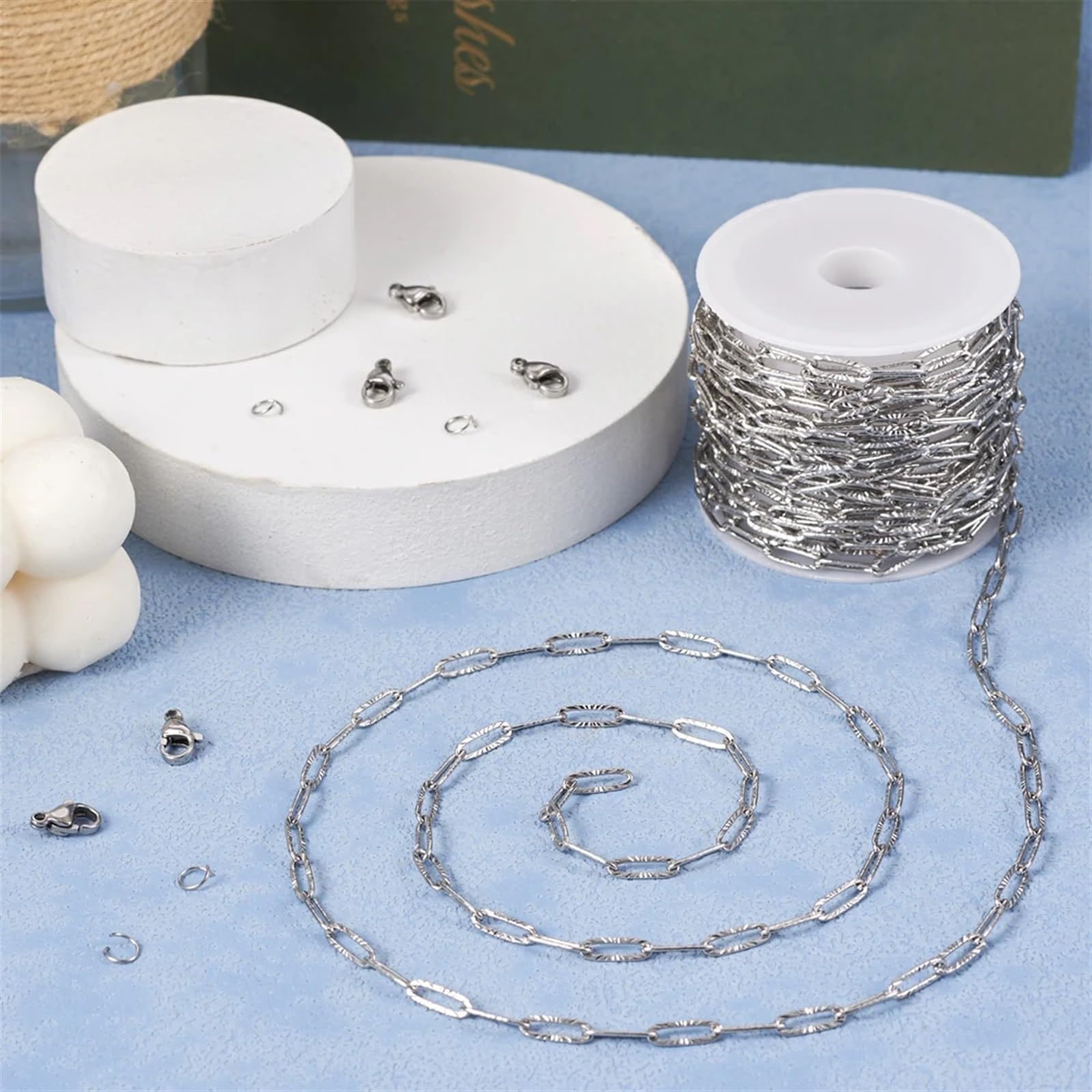 Kolorowy łańcuch DIY ， Kolorowe ogniwa łańcucha ， 5M teksturowane spinacze ze stali nierdzewnej łańcuszki klamry skok pierścienie łańcuszek bransoletka naszyjnik zestaw do robienia dla majsterkowiczów