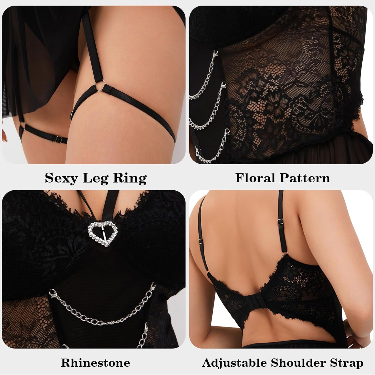 Famstar Sexy Lingerie for Women with Floral Deep V Neck Lace Nightwear Mesh Babydoll Dress