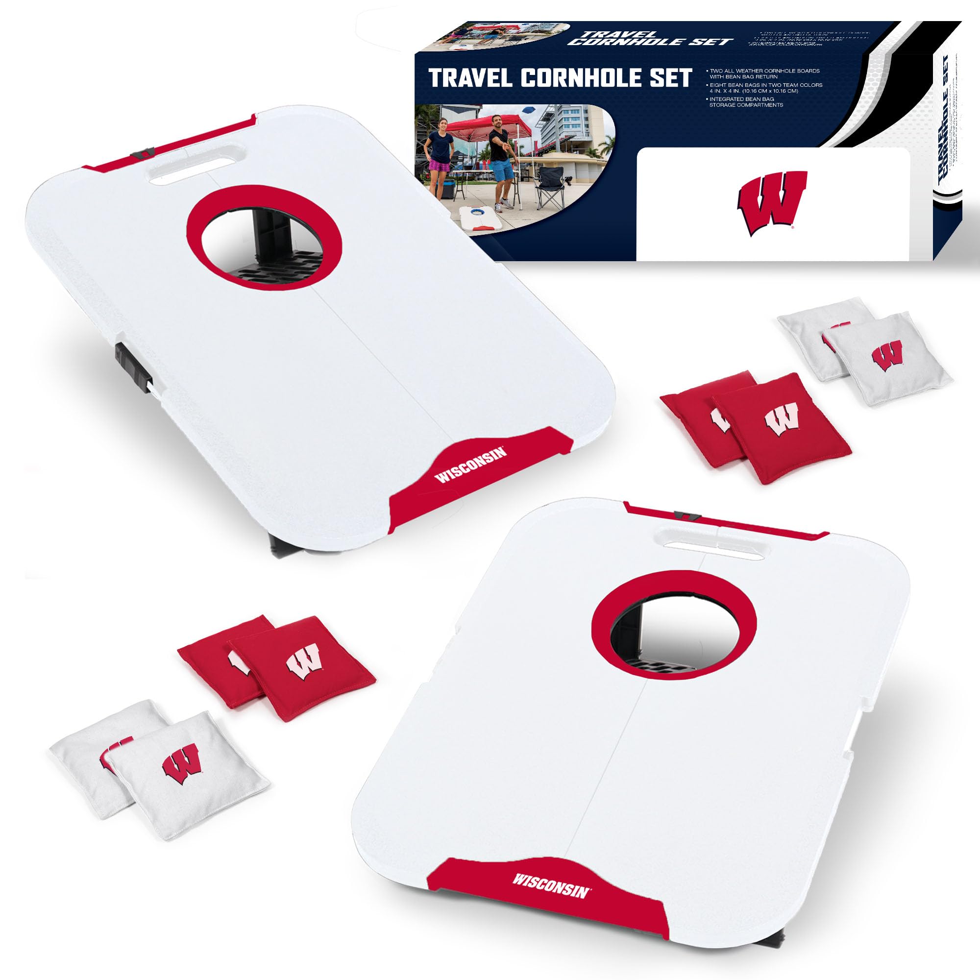 Wild Sports NCAA Wisconsin Badgers Pro Football All-Weather Cornhole Set - Travel Bean Bag Toss Set Includes 8 Bean Bags
