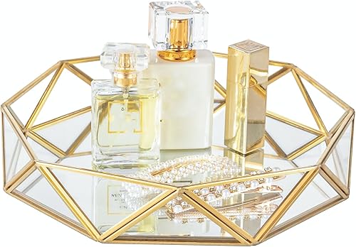 Feyarl Bandeja de perfume de vidrio dorado para espejo, bandeja organizadora de joyas de tocador, bandeja organizadora de joyas ornamentadas,