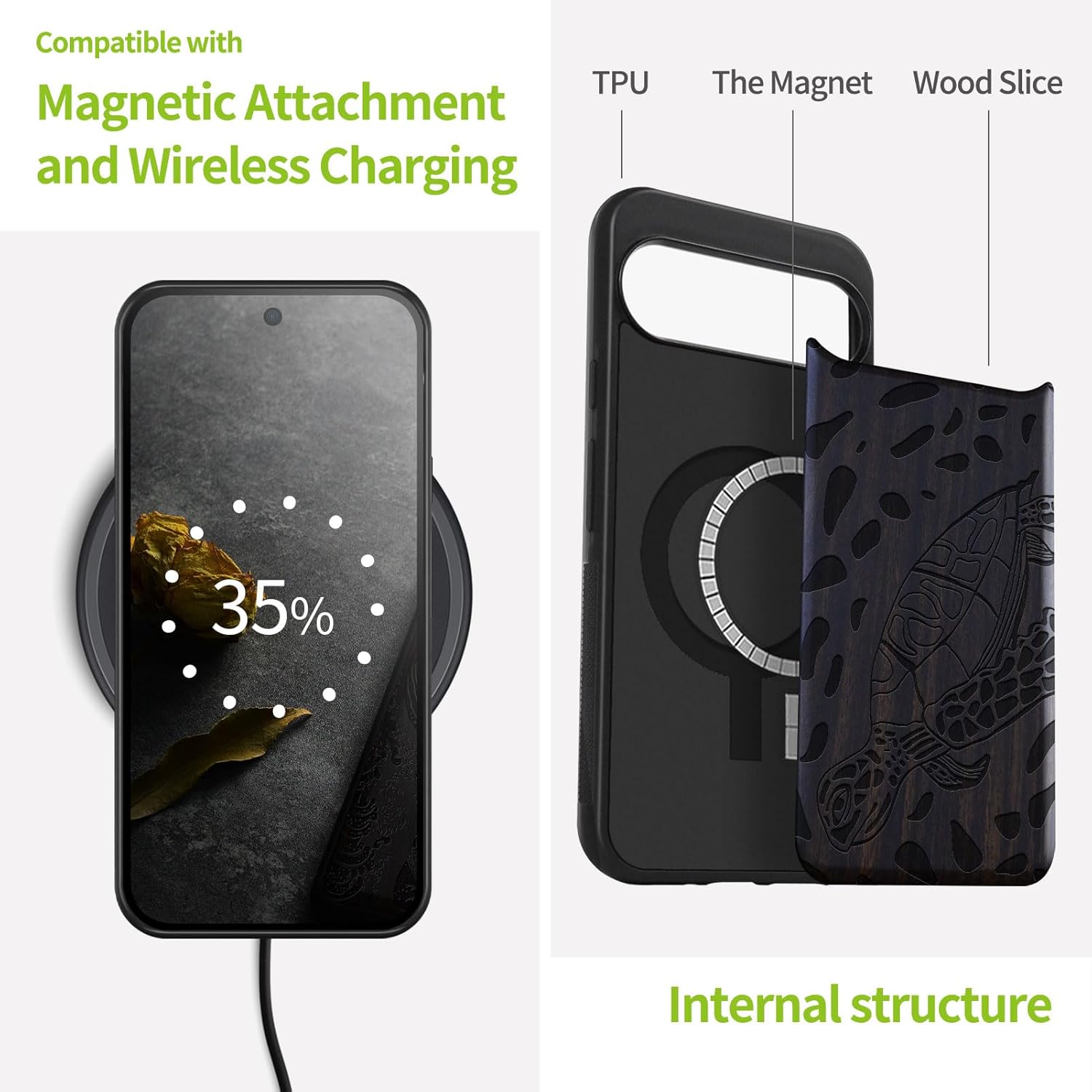 Carveit Magnetic Wooden Case for Google Pixel 9 Pro XL Case, Wood Artisan Engraved & Soft TPU Shockproof Cover, Compatible with MagSafe Wireless Chargers (Sea Turtle Swim) Blackwood