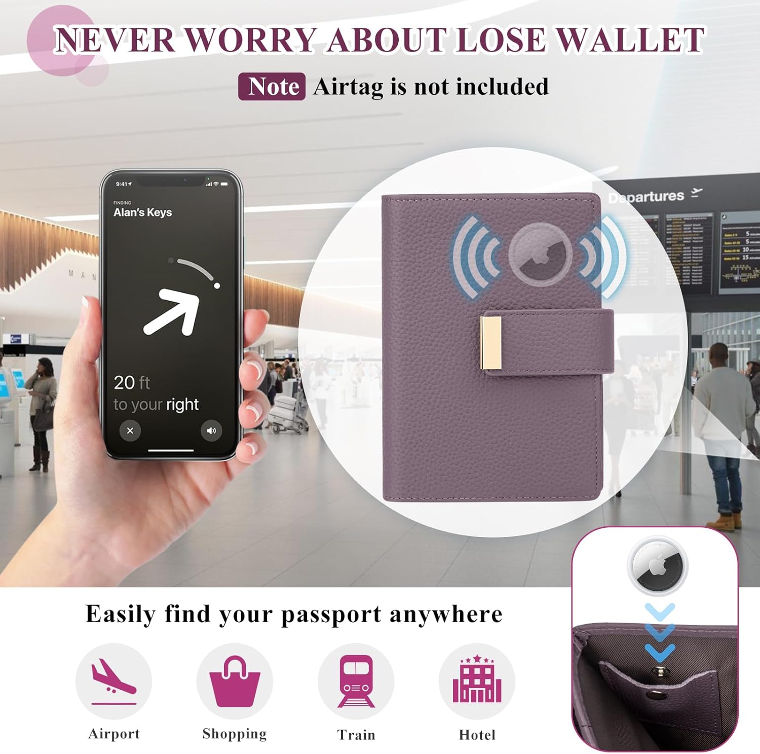 BKNOOU RFID Blocking Passport Holder with Airtag - Leather Travel Passport Wallet for Women, Slim Bifold Travel Passport Holder Holds Cards & Tickets & Cash (Light Purple) - Image 6