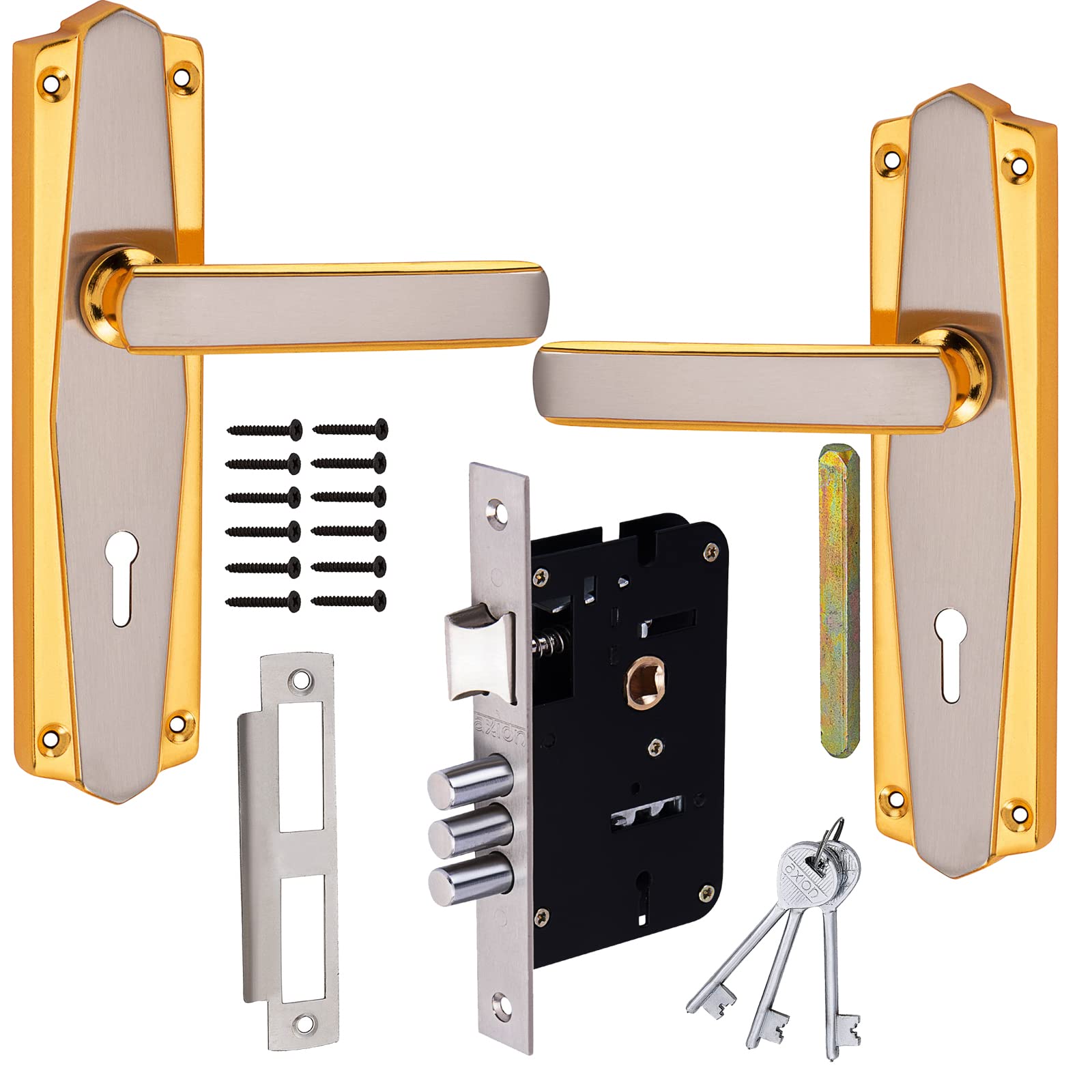 AXION 7 inches Mortice Door Handle Lock Set A104 KY Silver Gold