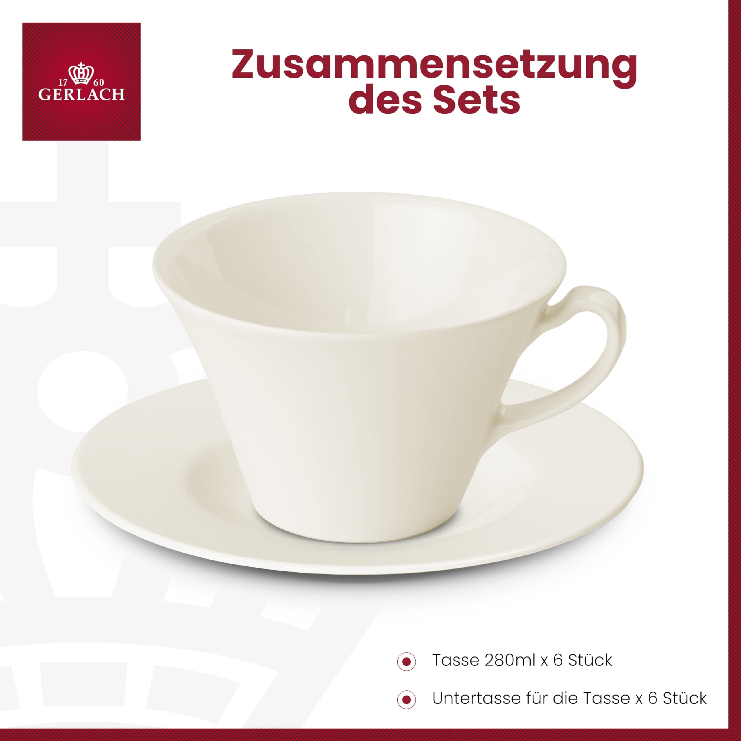 Gerlach Muza Tassen-Set Mit Untertassen 12-Teilig Kaffeetassen 6 Stk Kaffeetasse Teetasse Aus Porzellan Kaffeeservice Für 6 Personen Kaffeebecher Elfenbeinfarbe 250ml
