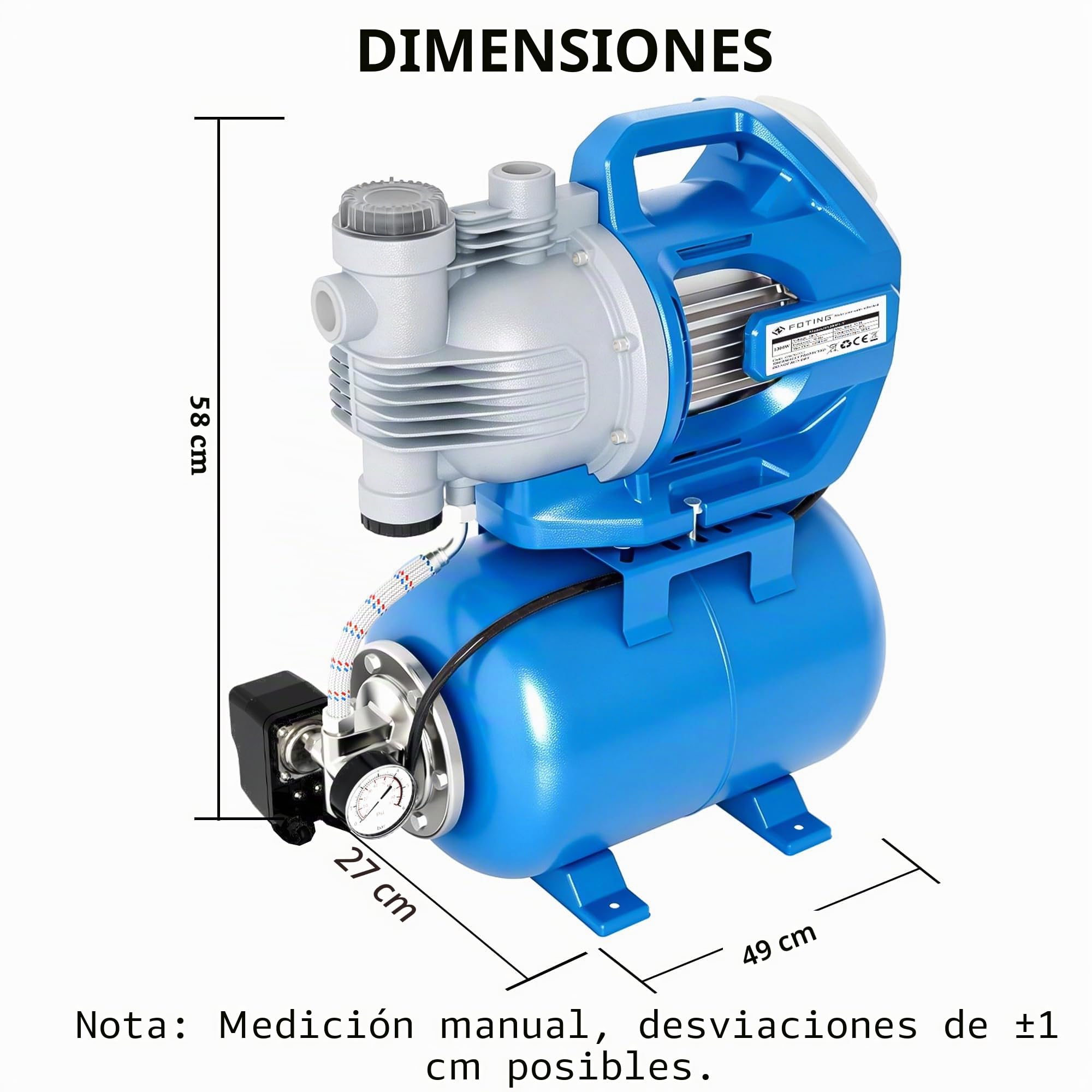 FOTING Grupo de presión - Equipo con depósito 24 L, manómetro y prefiltro, Interruptor de Seguridad (1300 W, caudal 6500 l/h, presión 5,3 Bar, Altura máx. 55 m, aspiración 8 m)