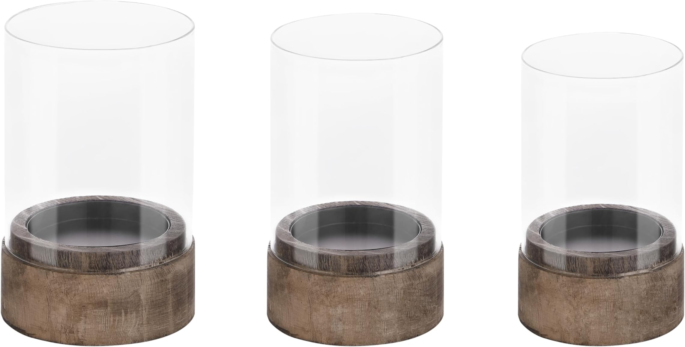 3.2" & 4"& 4.8" Wide Set of 3 Glass Hurricane Candle Holders with Wooden Base, Decorative Centerpiece for Home, Table, Wedding (Old Natural, 3" & 4.2")