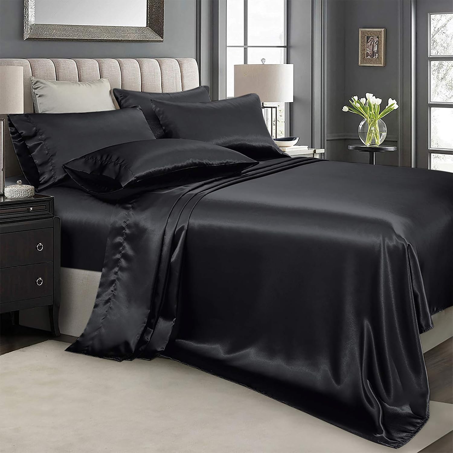 ARTALL Silky Satin Super Soft 6 Piece Deep Pocket Bed Sheet Set, Black, Queen Size