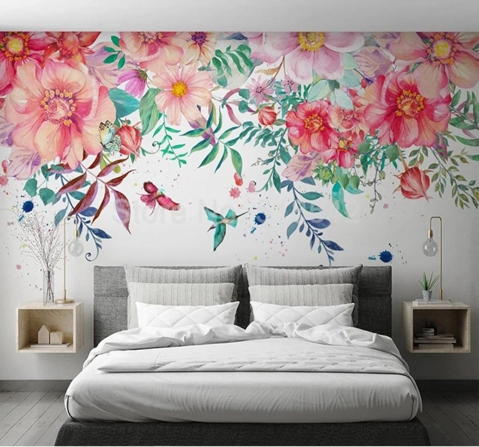 XLMING Hand Painted Watercolour Pastoral Flowers Butterflies 3D Wallpaper Silky Texture Home Study Office Grey Dining Room Sofa Bedroom Living Room TV Backdrop-400cm×280cm