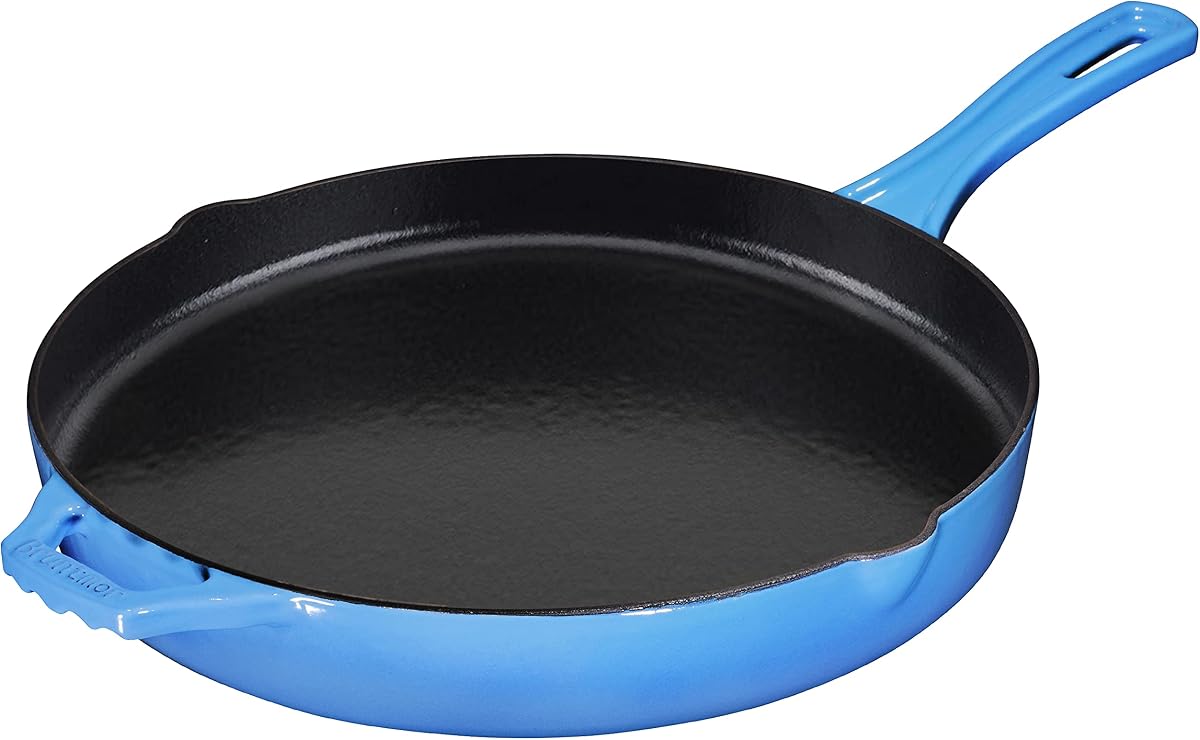 Bruntmor Sartén de hierro fundido presazonada azul de 12.0 in, sartén apta para horno de 12.0 in, juego de sartén para parrilla, utensilios de cocina antiadherentes y utensilios para hornear para cazuela