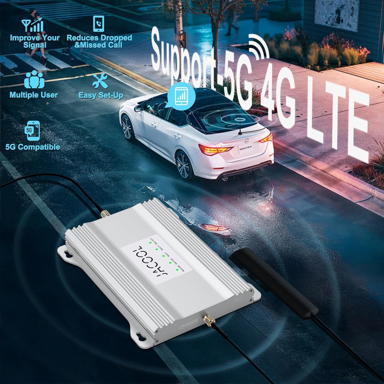 JACOOL Cell Phone Signal Booster for Truck Car RV SUV Trailer OTR | 5G 4G LTE 3G for Verizon T-Mobile AT&T All Carriers | Vehicle Signal Amplifier Band 12/13/17/2/4/5/25/66