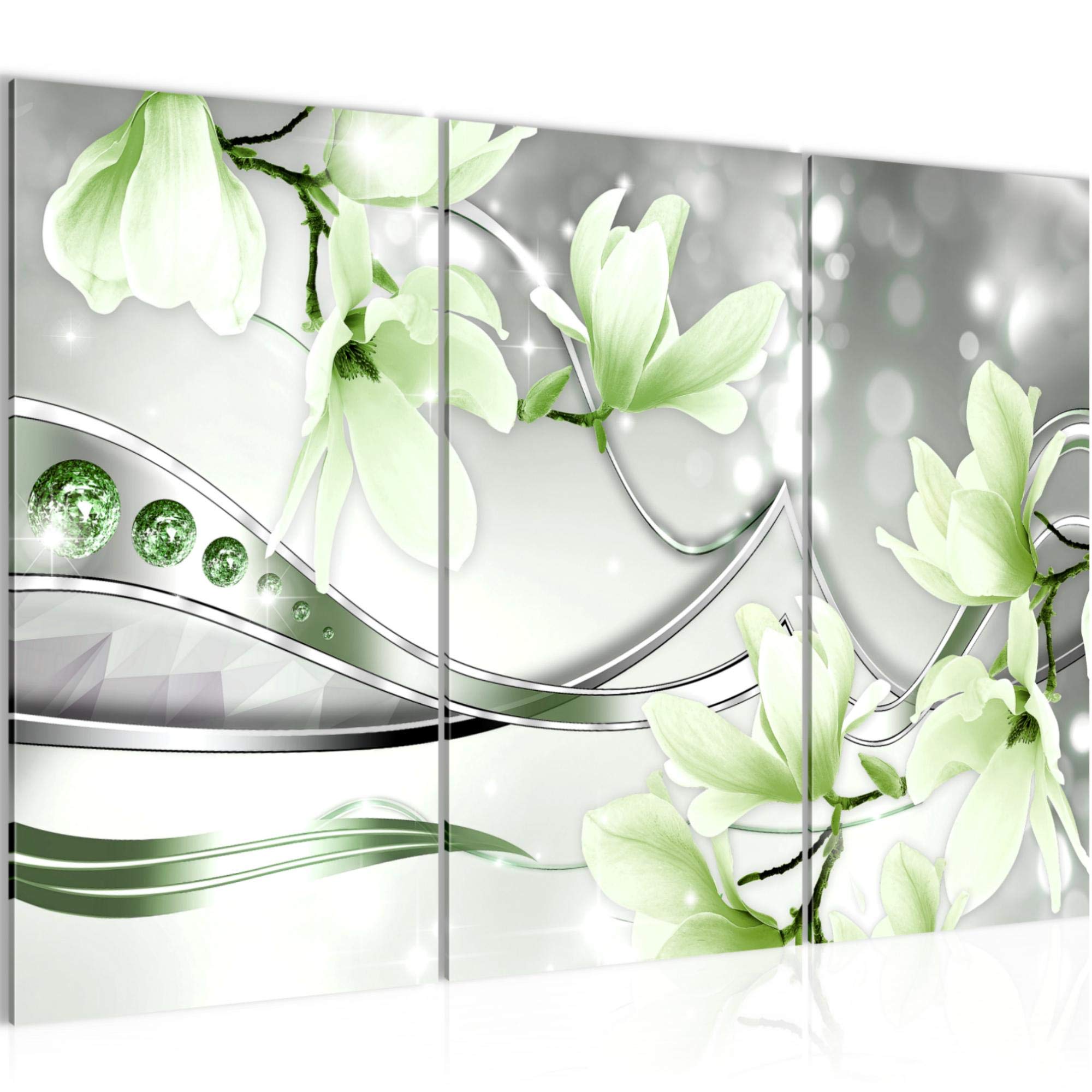 Runa Art Magnolia Flowers Pictures XXL Living Room Green Grey Abstract 120 X 80 cm 3 Pieces Wall Art 207231b