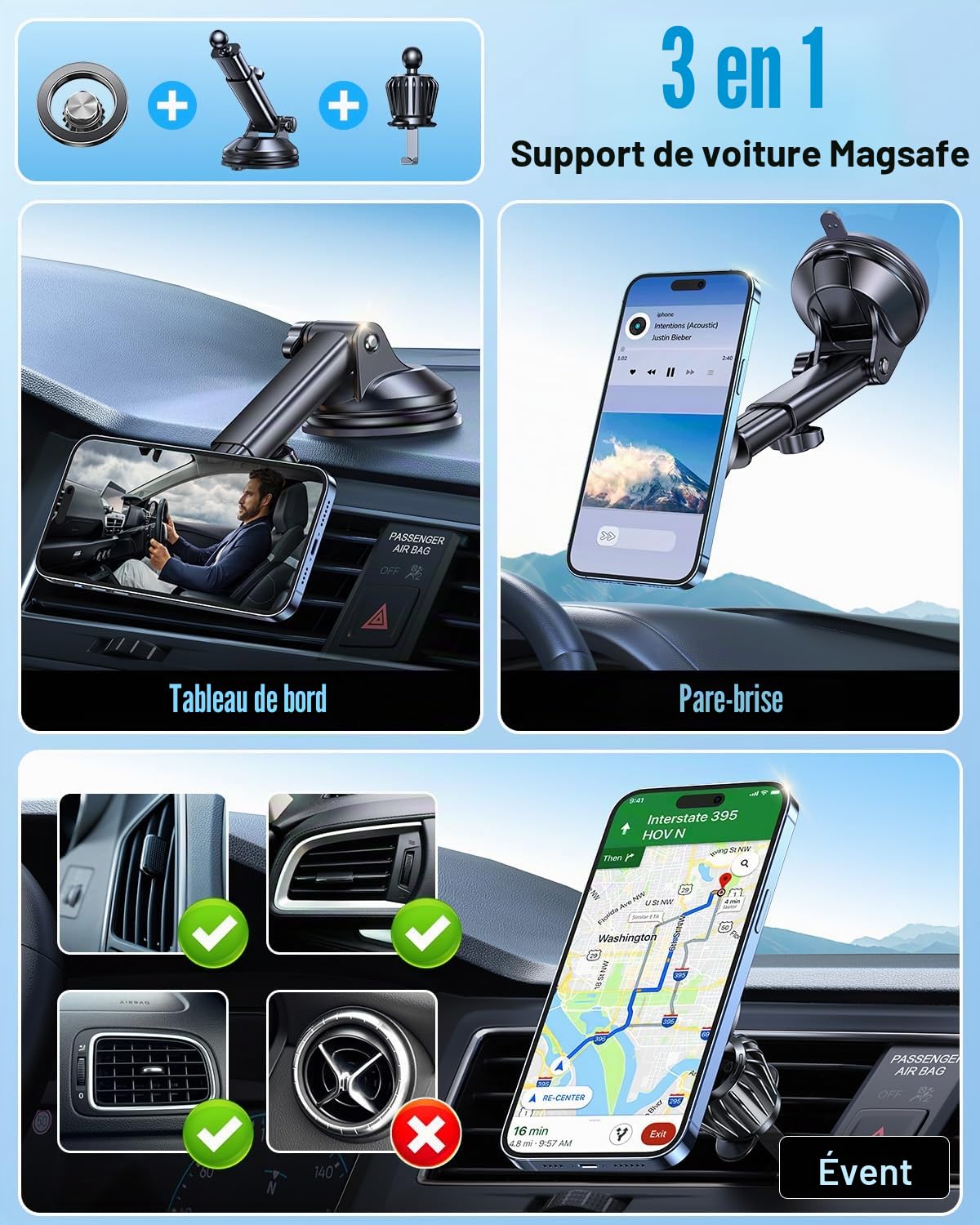 Coolpow Support magnétique pour téléphone Portable avec Ventouse sous Vide, Ventouse Extra Forte, Support pour téléphone Portable Magsafe réglable à 360° Noir [adhésif + Vide]