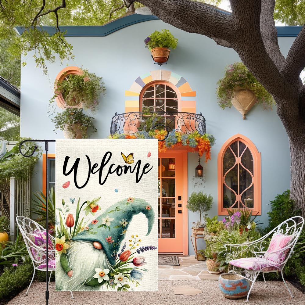 Welcome Spring Summer Tulip Garden Flag Flowers Butterfly Garden Flags 12x18 Inch Burlap Double Sided Gnome Colorful Floral Small Lawn Yard Outside Rustic Farmhouse Holiday Decorations Flags - Image 2