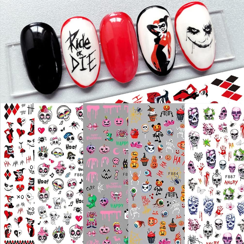 Joker Poker Nail Decals Stickers, Cute Cartoon Pink Skull Nail Stickers Spooky