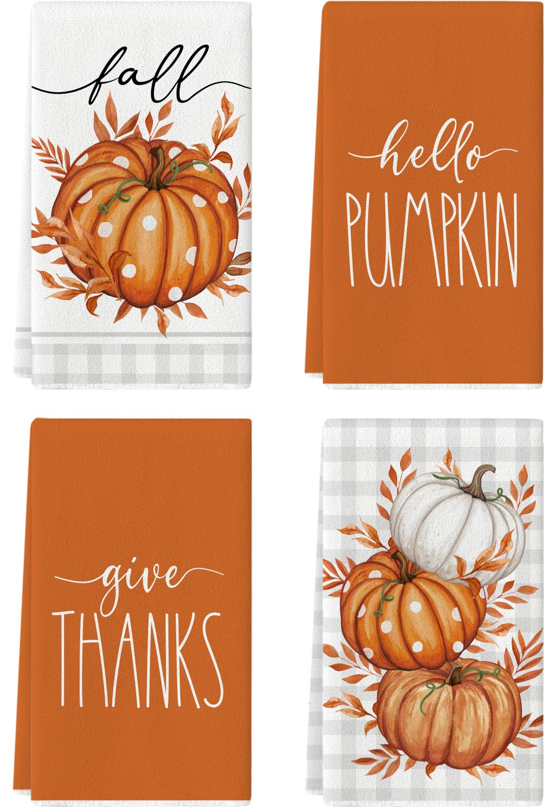 4 Pcs Fall Kitchen Towels Dish Towels Decorative Set, 27.5x20 Inch Pumpkin Buffalo Plaid Check Autumn Decoration Hand Towels, Farmhouse Thanksgiving