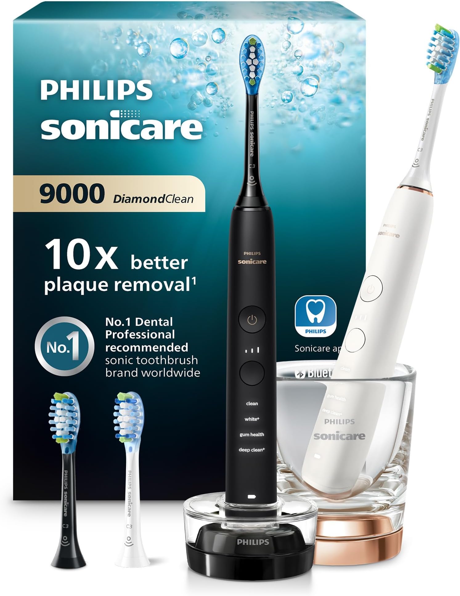 Sonicare DiamondClean Series 9000 Twin Pack Sonic Electric Toothbrushes, Cleaner Teeth and Gums Connected with App, Black and Rose Gold (Model HX9914/61)