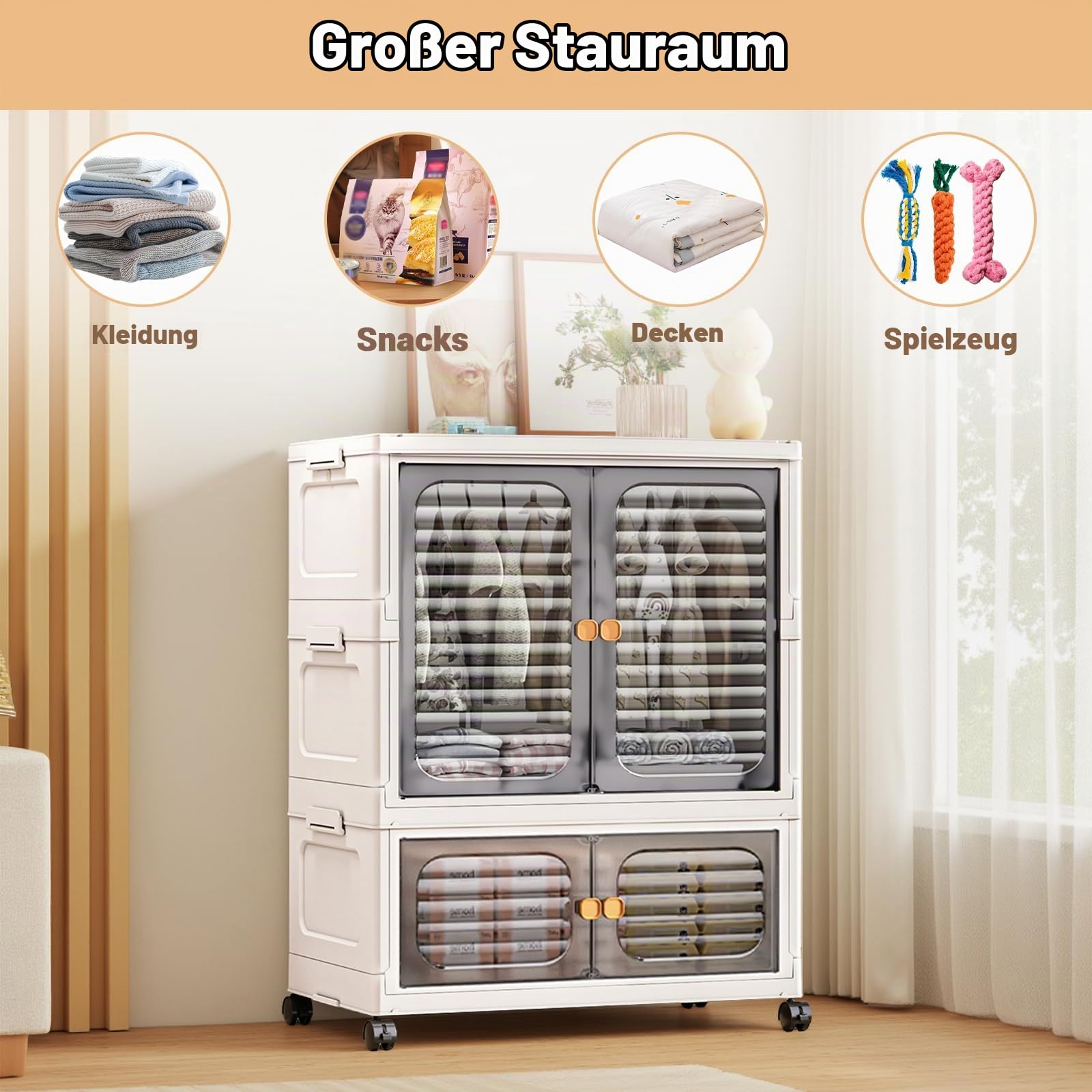 Tragbarer Kleiderschrank mit Doppeltüren, Zusammenklappbarer Schrank mit Rollen, Stapelboxen Kunststoff Klappkommode mit 1 Aufhängung + 1 Aufbewahrungen, 60 x 35 x 79cm, Weiß
